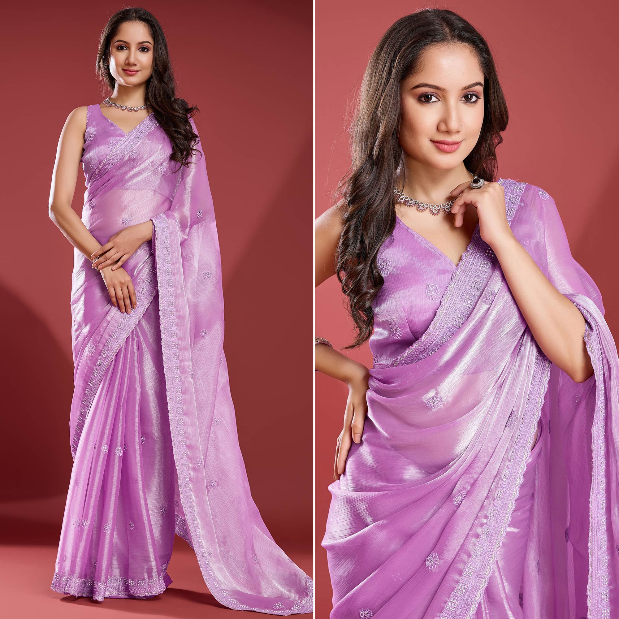 Light Purple Embroidered Work Tissue Saree