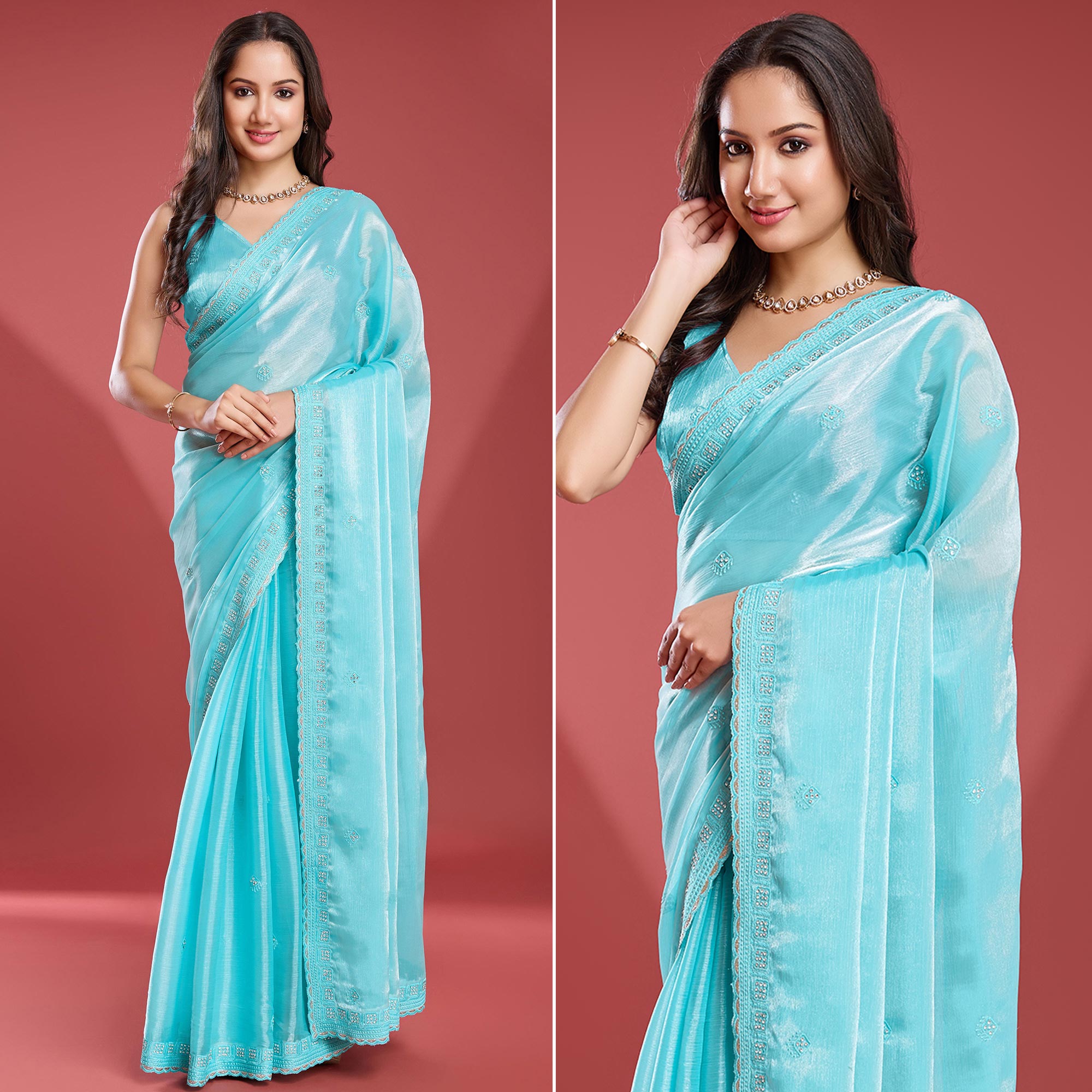 Turquoise Embroidered Work Tissue Saree