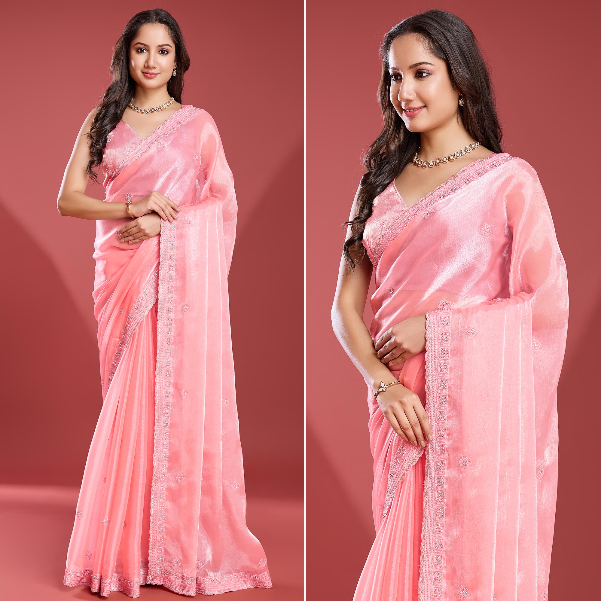 Peach Embroidered Work Tissue Saree