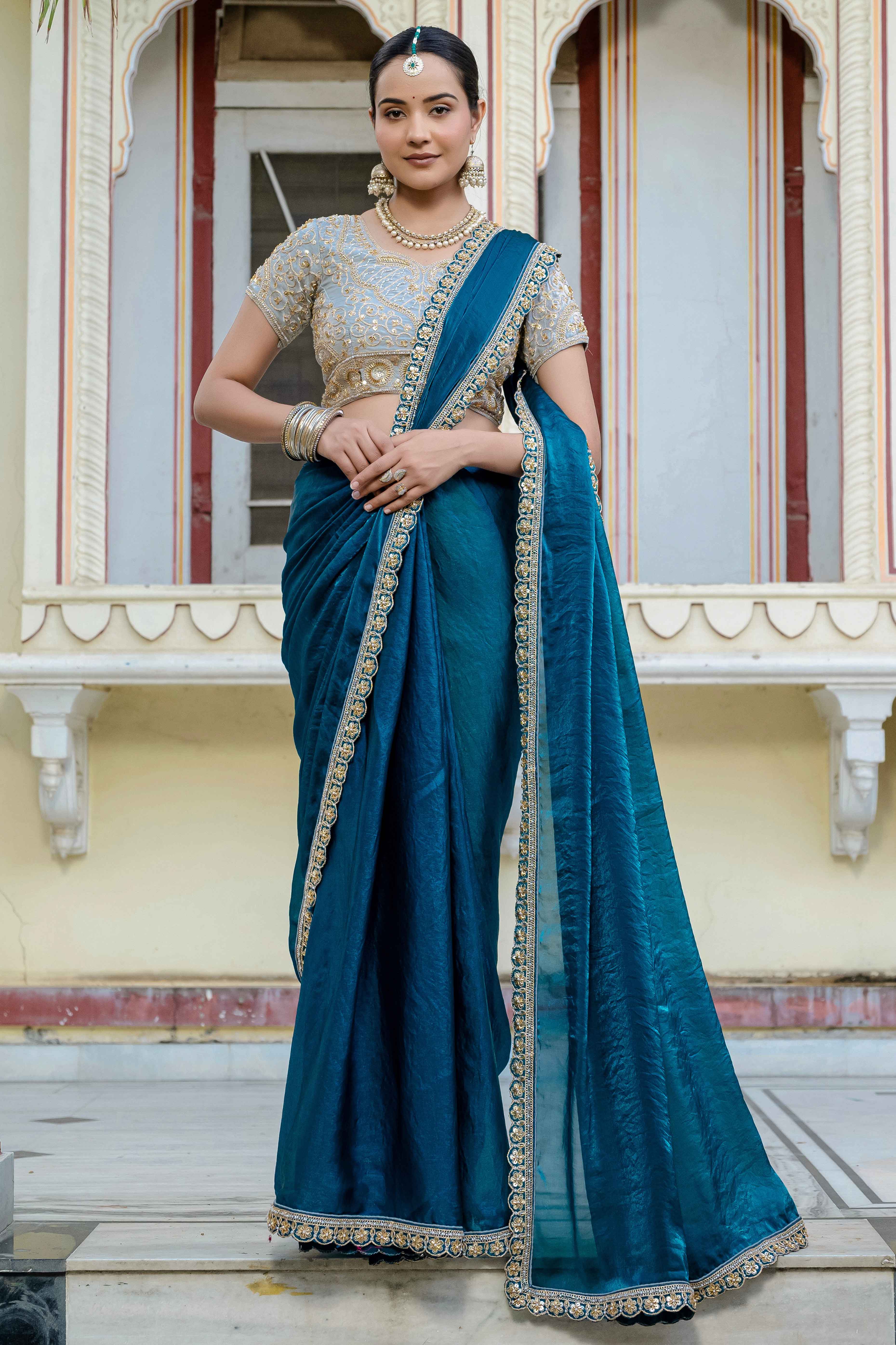 Morpich Blue Satin Velvet Saree Adorned With Handcrafted Sequins Beads & Pearl Embellishments