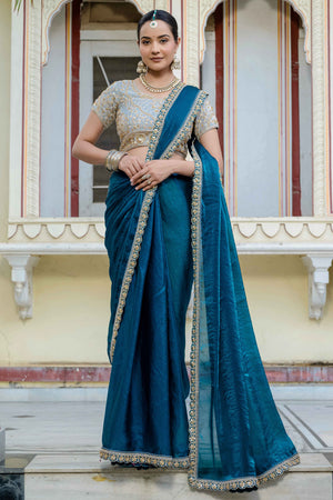 Morpich Blue Satin Velvet Saree Adorned With Handcrafted Sequins Beads & Pearl Embellishments