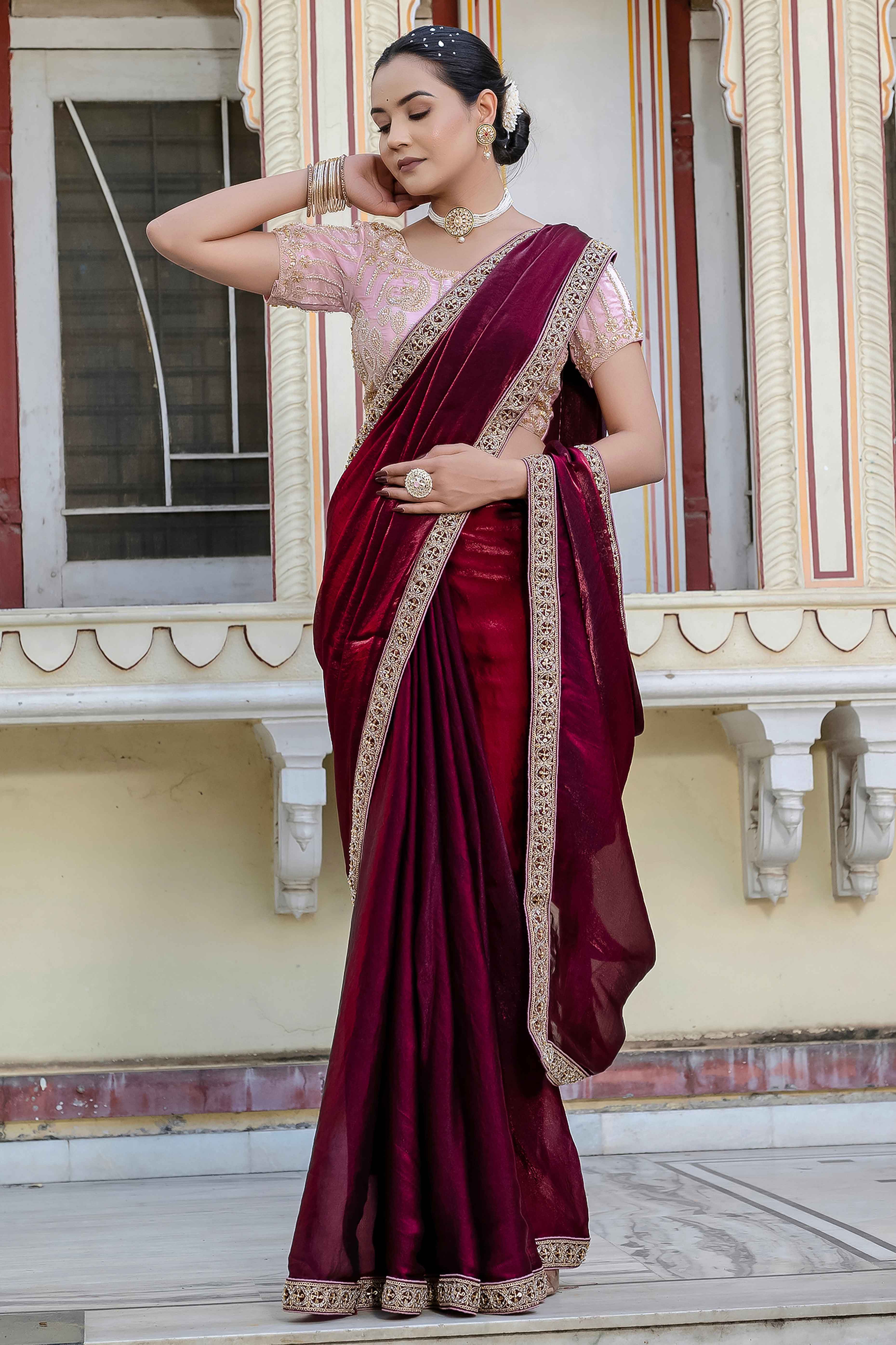 Maroon Satin Velvet Saree Adorned With Handcrafted Sequins Beads & Pearl Embellishments