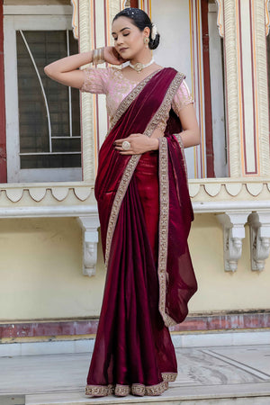 Maroon Satin Velvet Saree Adorned With Handcrafted Sequins Beads & Pearl Embellishments