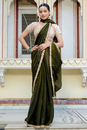 Mehendi Green Satin Velvet Saree Adorned With Handcrafted Sequins Beads & Pearl Embellishments