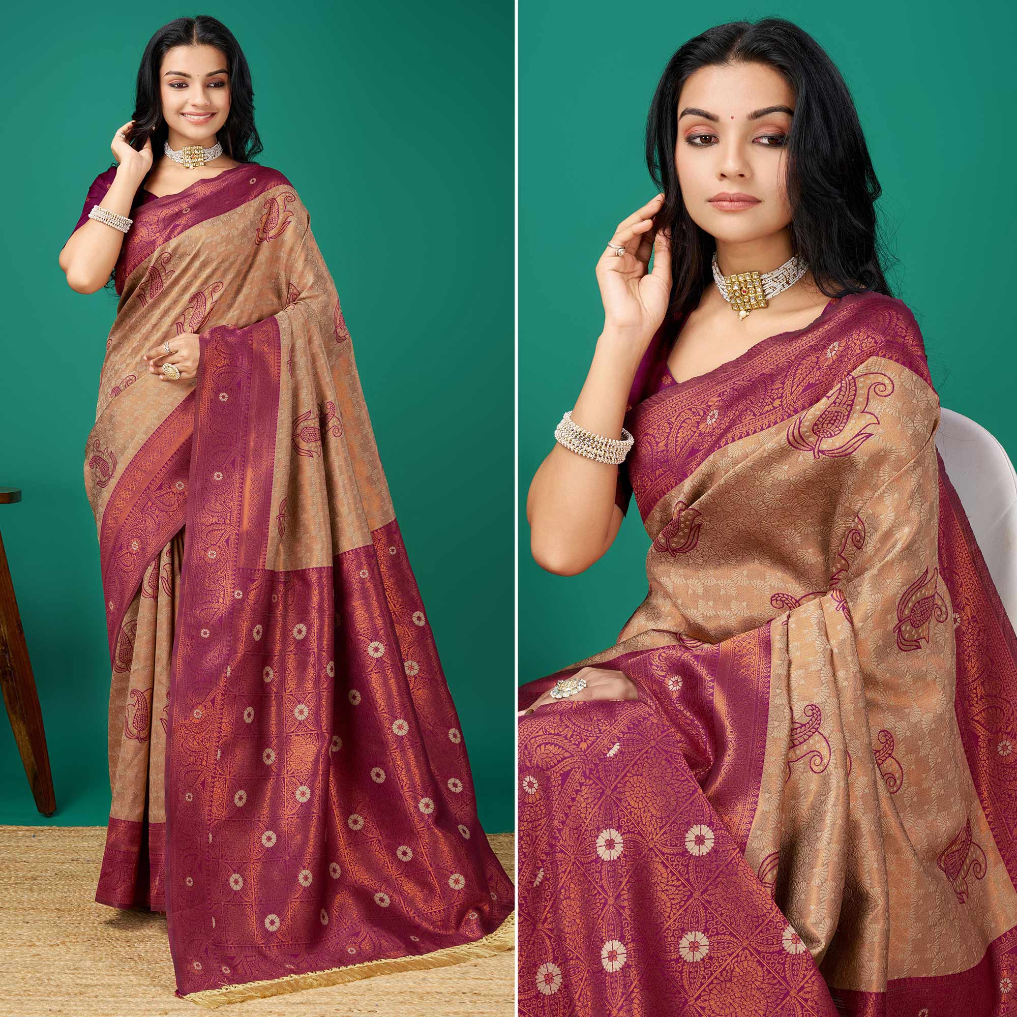 Chikoo Zari Woven Banarasi Silk Saree With Tassels