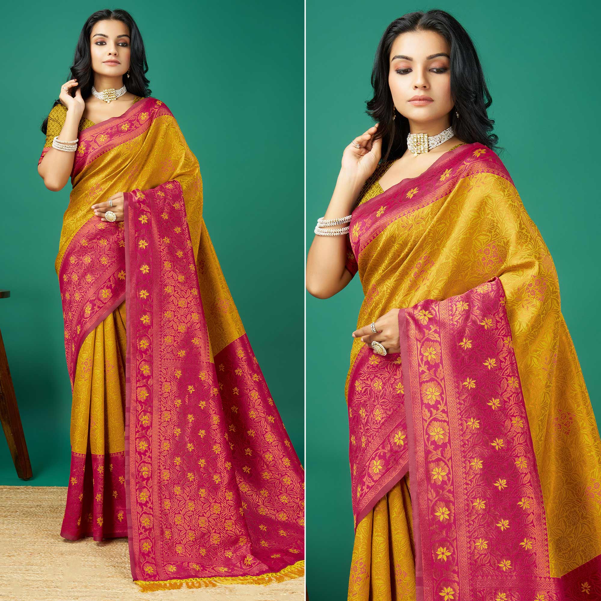 Gold Zari Woven Banarasi Silk Saree With Tassels