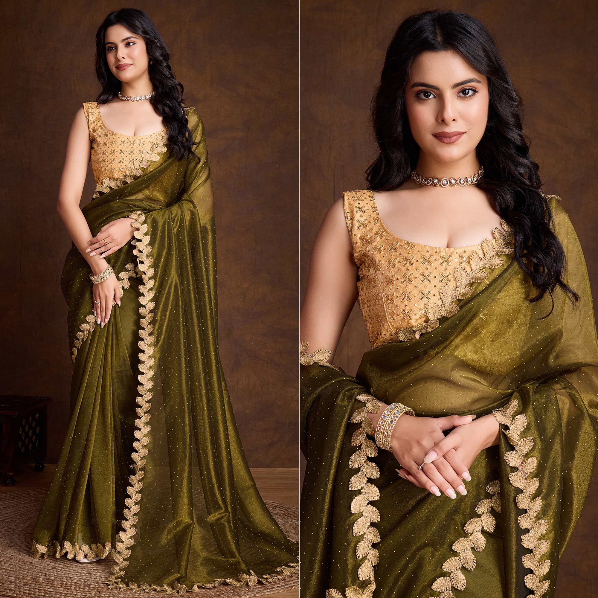 Mehandi Green Swarovski Work Shimmer Net Saree