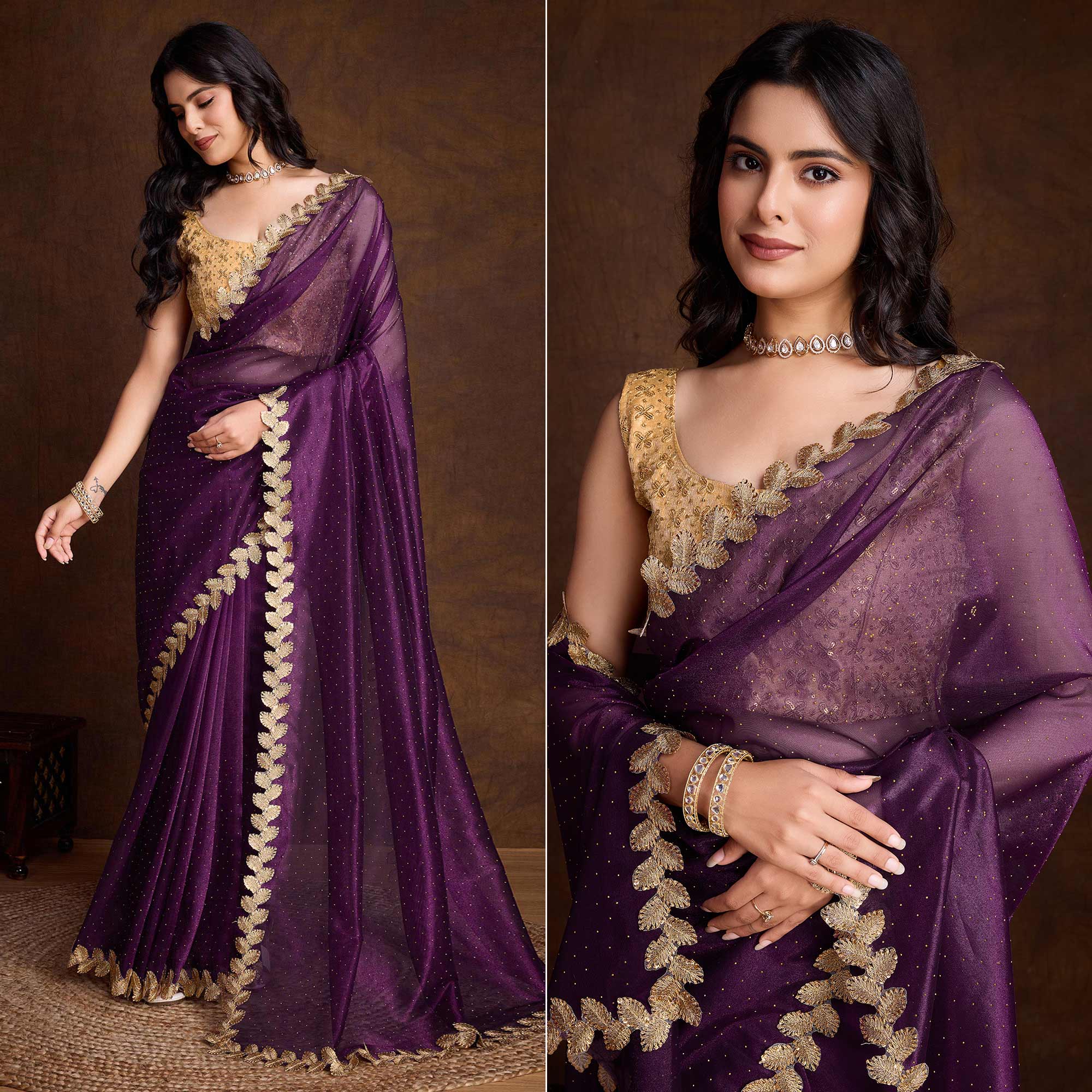 Wine Swarovski Work Shimmer Net Saree