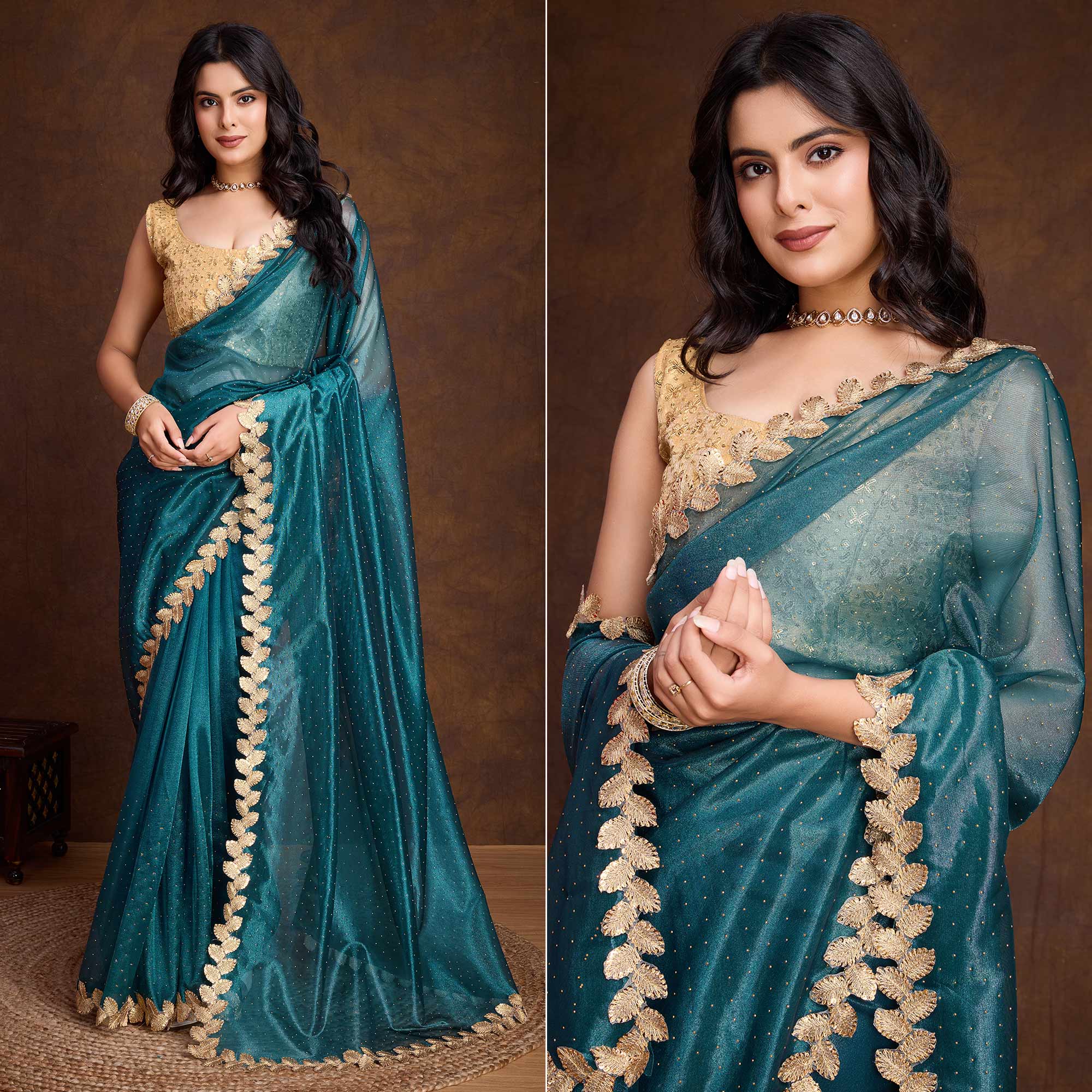 Morpich Blue Swarovski Work Shimmer Net Saree