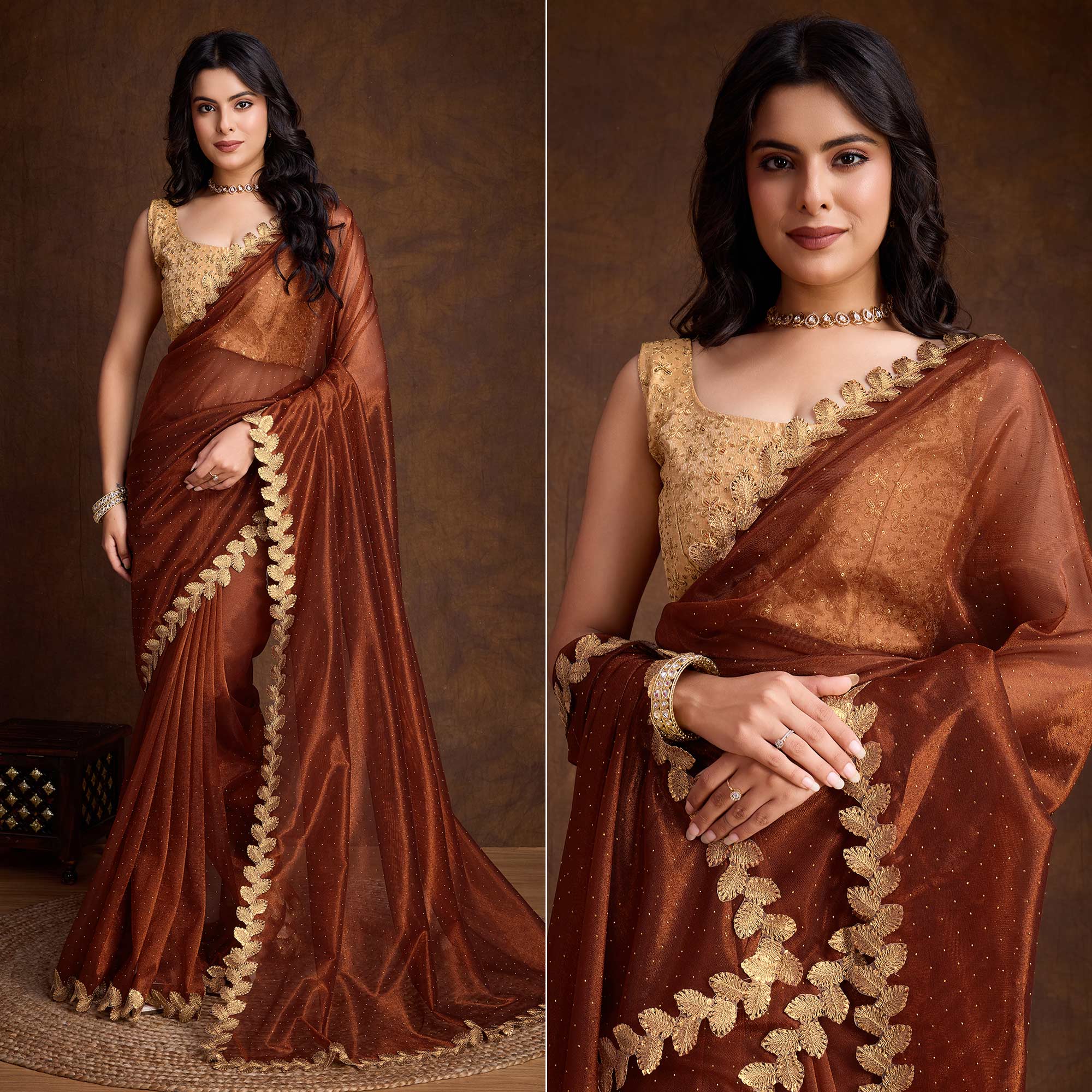 Brown Swarovski Work Shimmer Net Saree