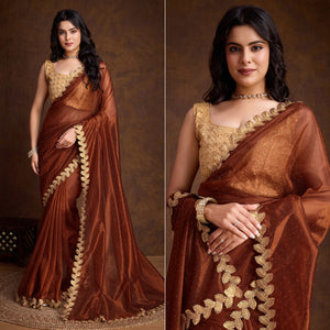 Brown Swarovski Work Shimmer Net Saree