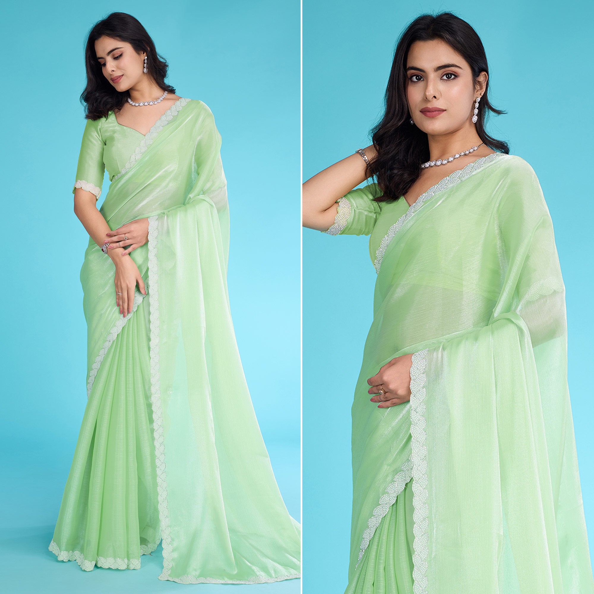 Green Solid With Zarkan & Ceramic Pearl Diamond Lace Tissue Saree