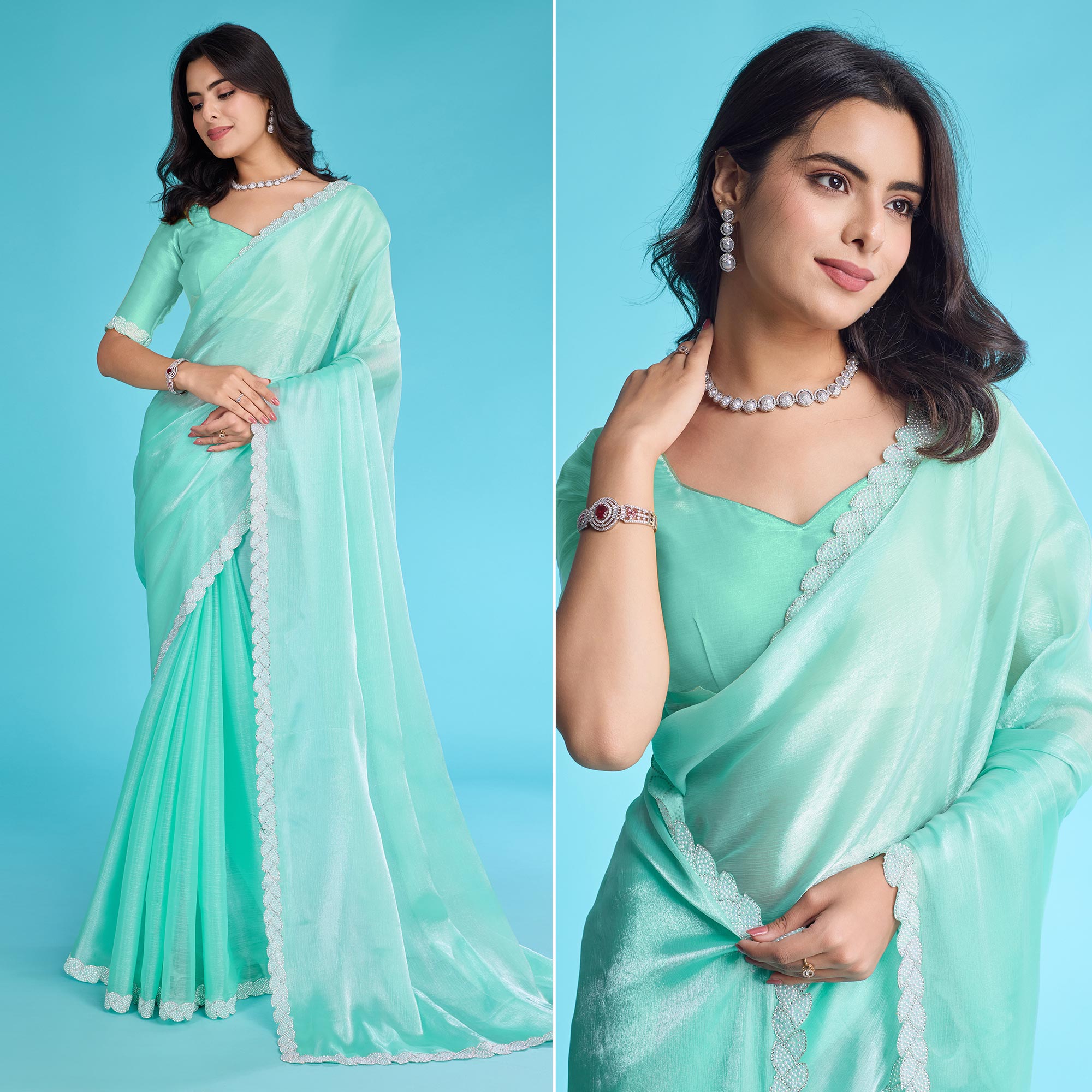 Turquoise Solid With Zarkan & Ceramic Pearl Diamond Lace Tissue Saree