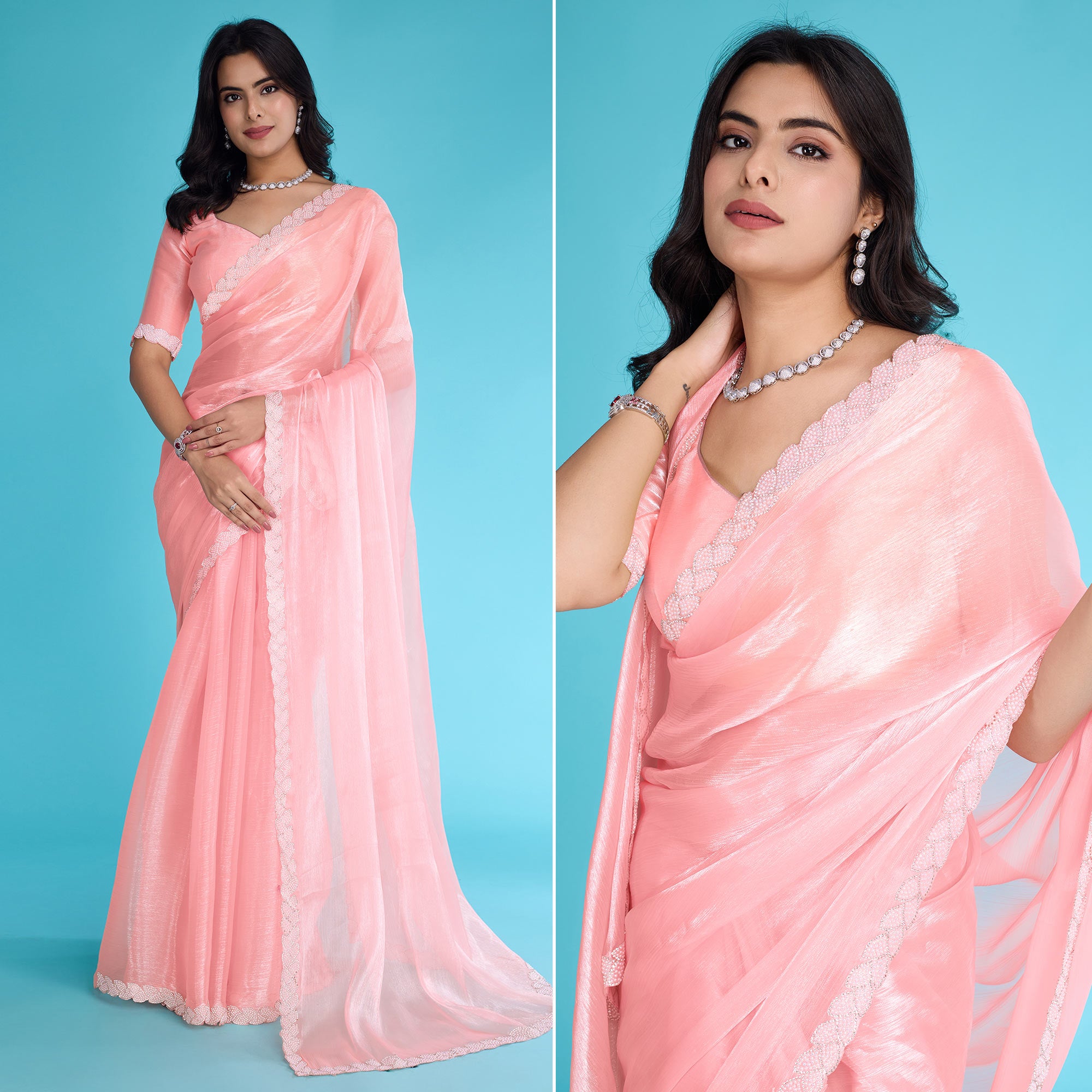 Peach Solid With Zarkan & Ceramic Pearl Diamond Lace Tissue Saree