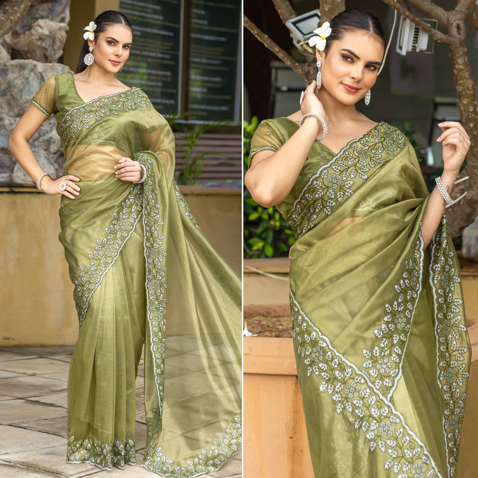 Mehendi Green Floral Sequins Embroidered Twill Net Saree