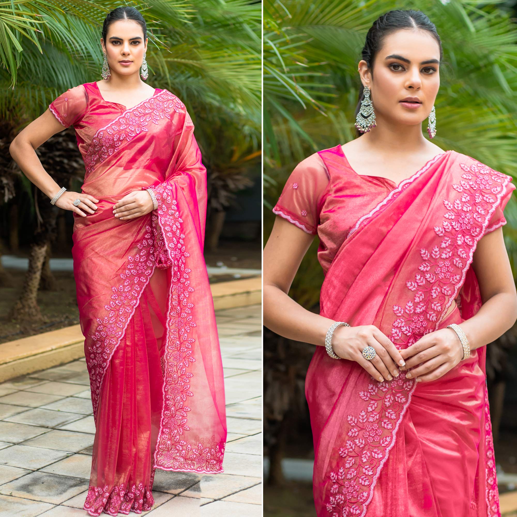 Pink Floral Sequins Embroidered Twill Net Saree