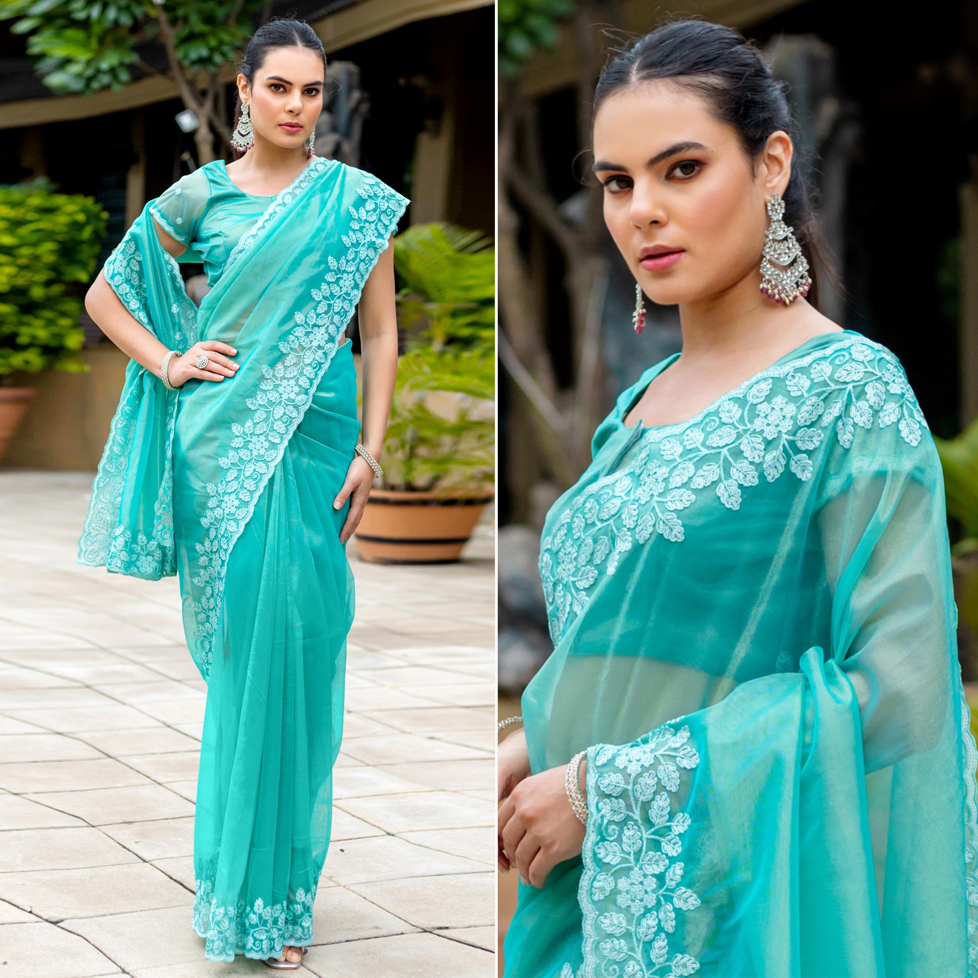 Turquoise Floral Sequins Embroidered Twill Net Saree