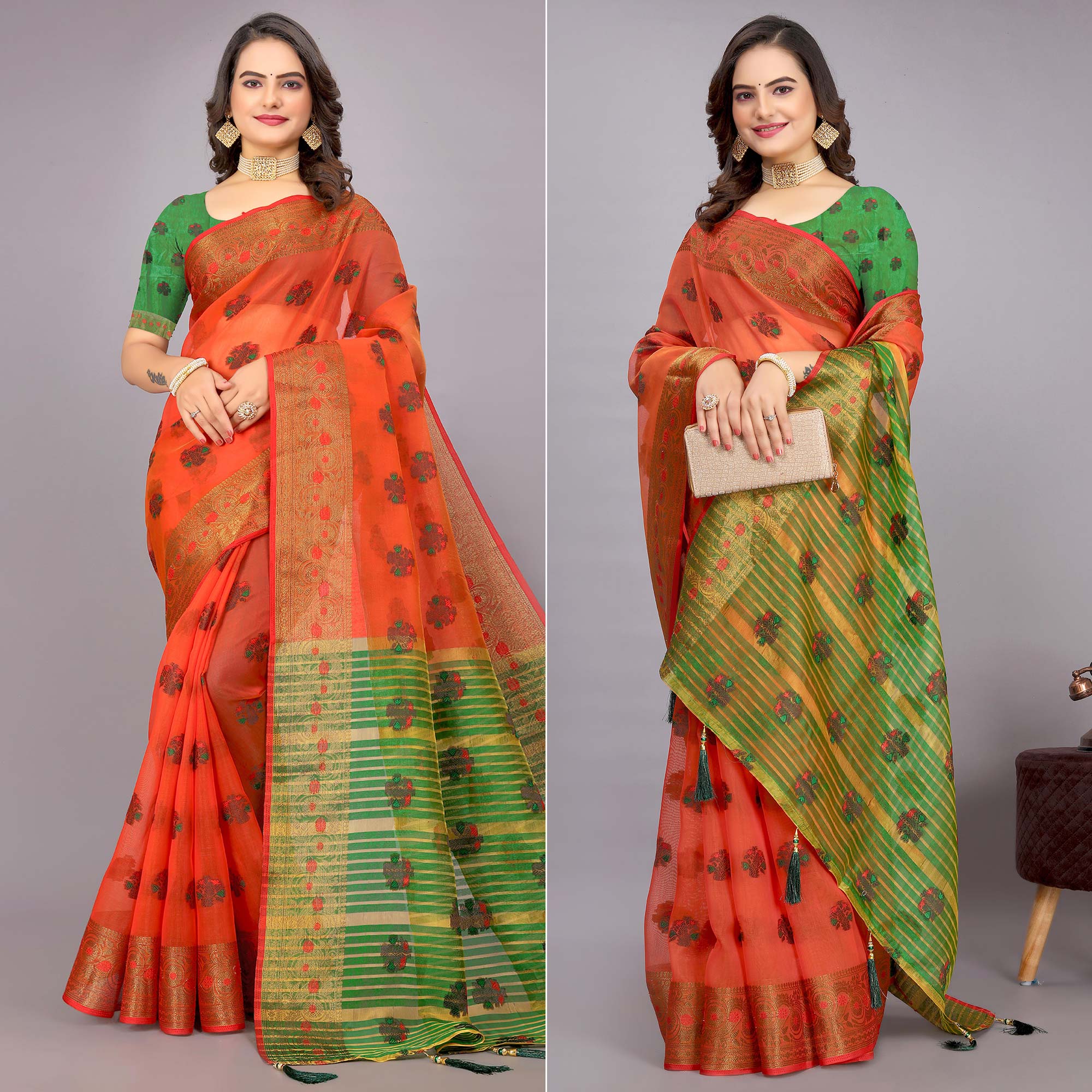 Red Floral Woven Cotton Silk Saree With Tassels