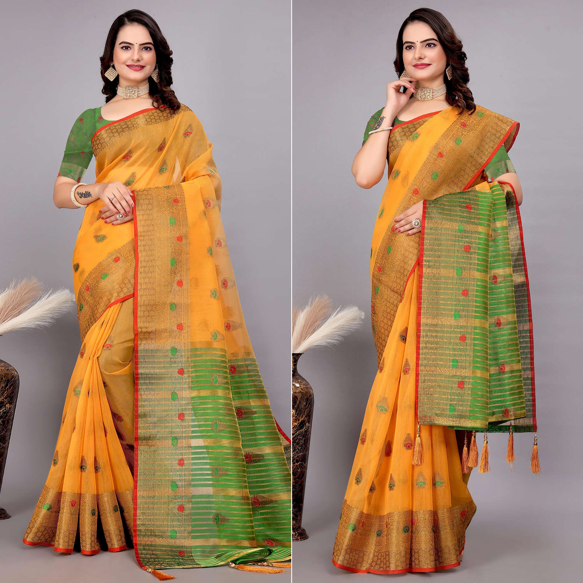 Yellow Floral Woven Cotton Silk Saree With Tassels