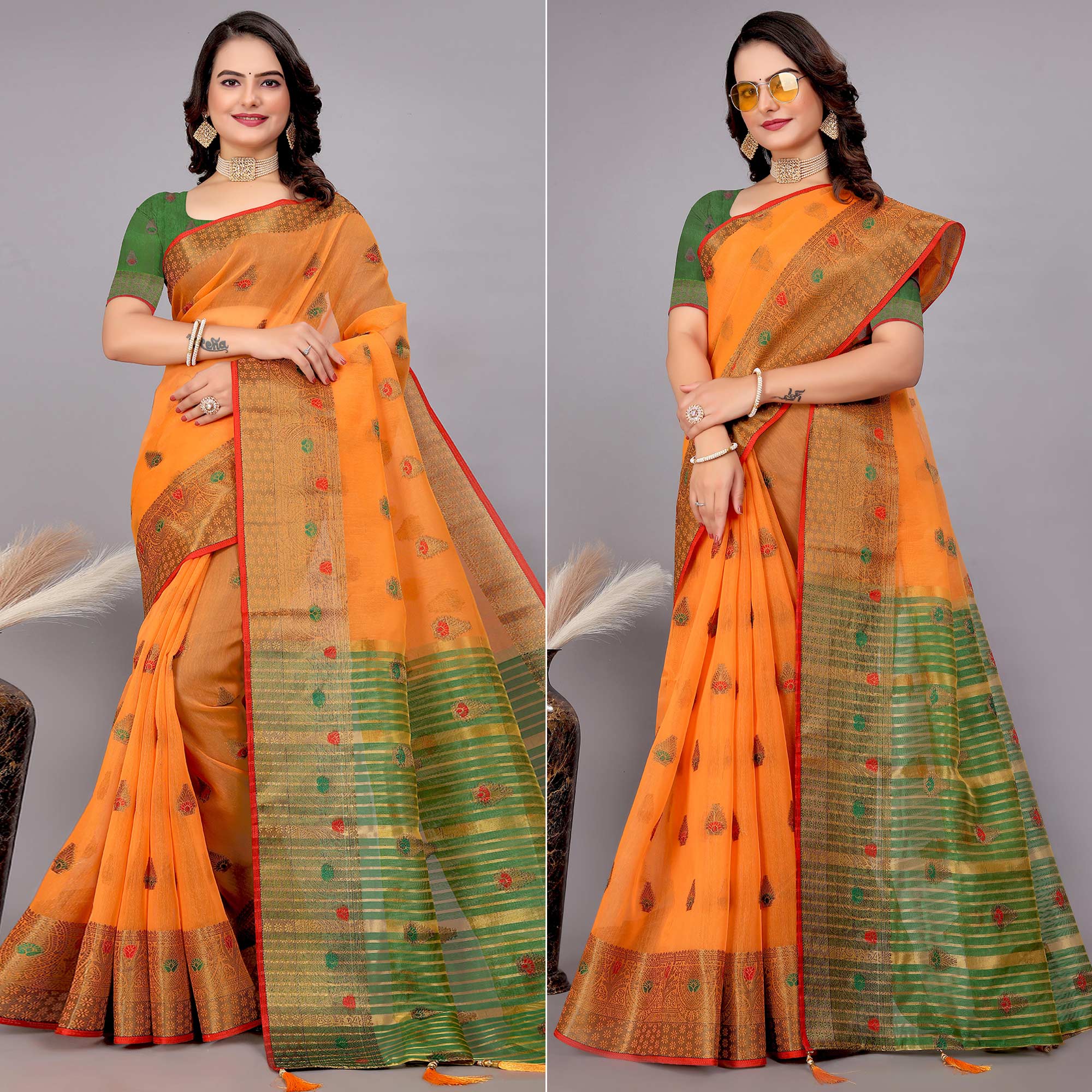 Orange Floral Woven Cotton Silk Saree With Tassels