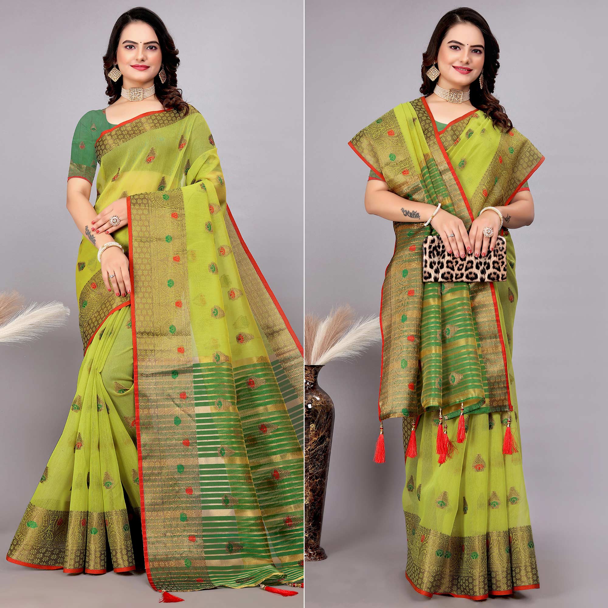 Lime Green Floral Woven Cotton Silk Saree With Tassels
