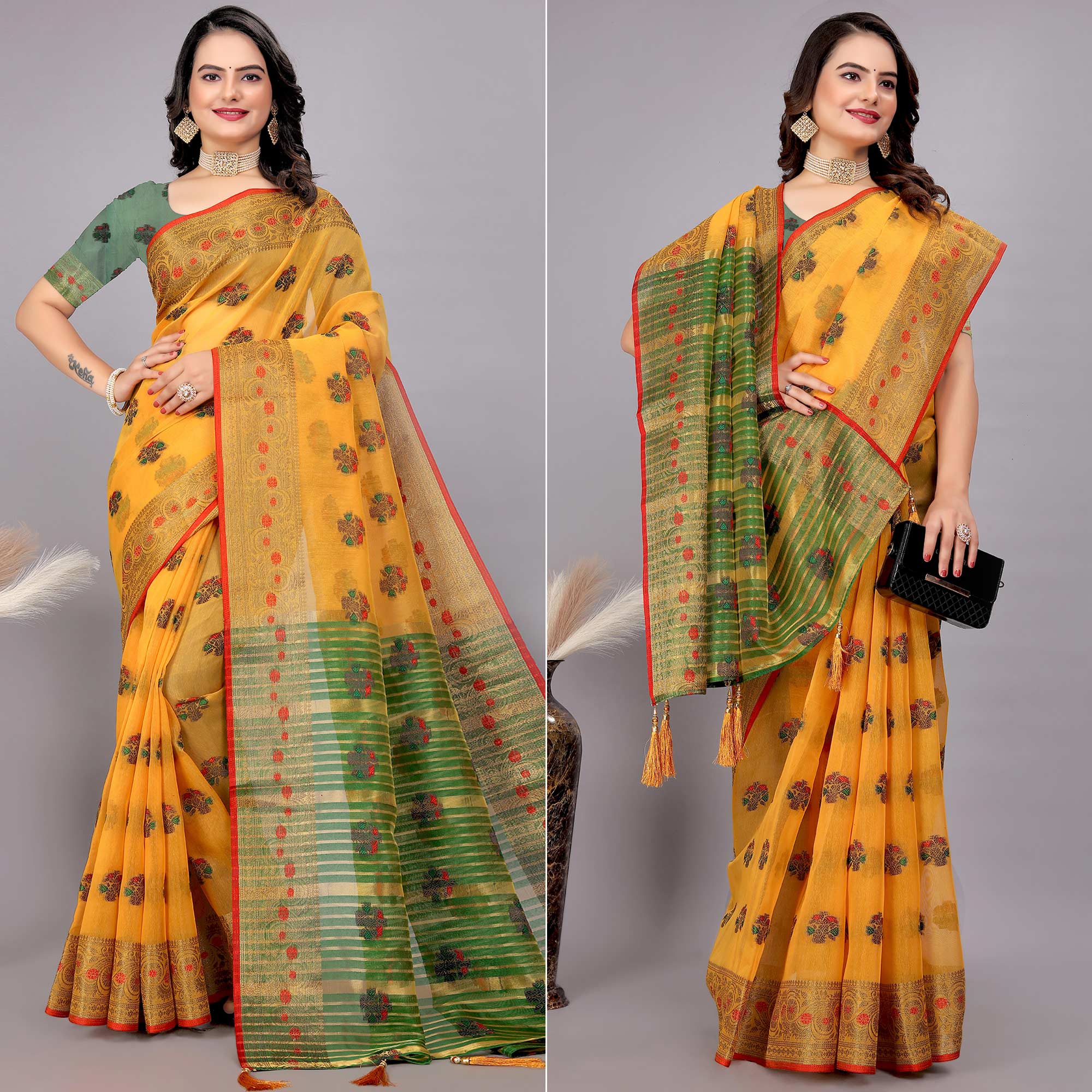 Yellow Floral Woven Cotton Silk Saree With Tassels