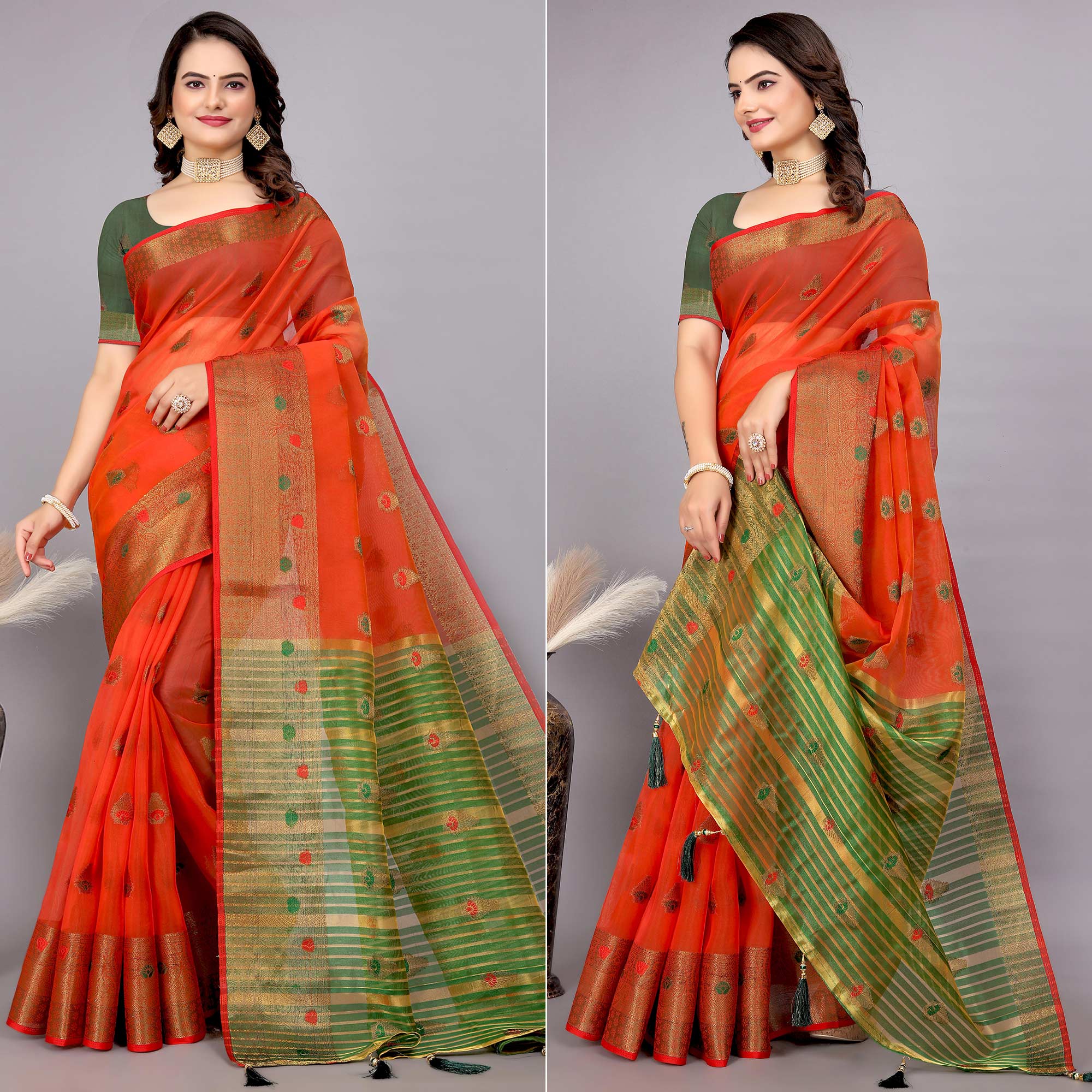 Red Floral Woven Cotton Silk Saree With Tassels