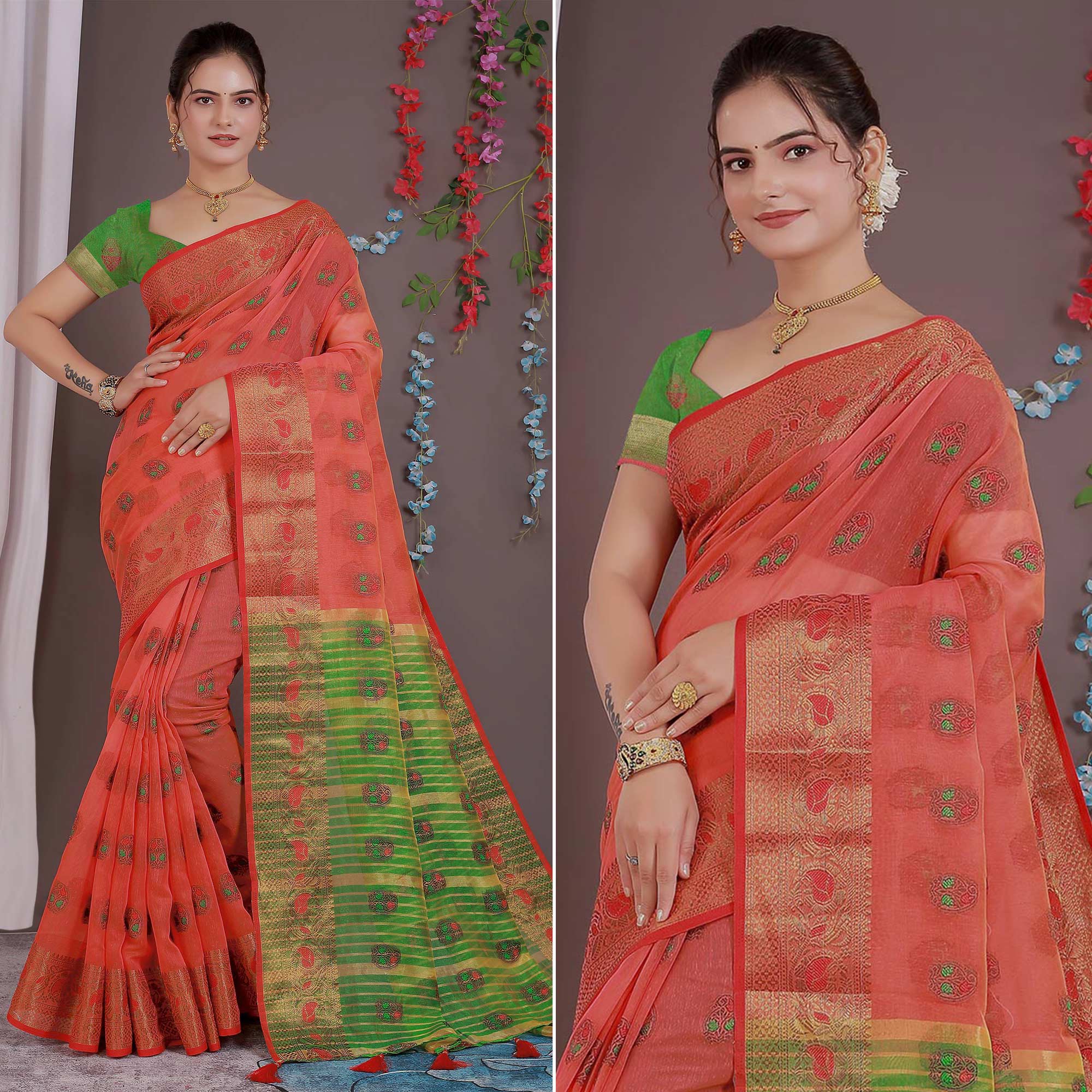 Red Floral Woven Cotton Silk Saree With Tassels