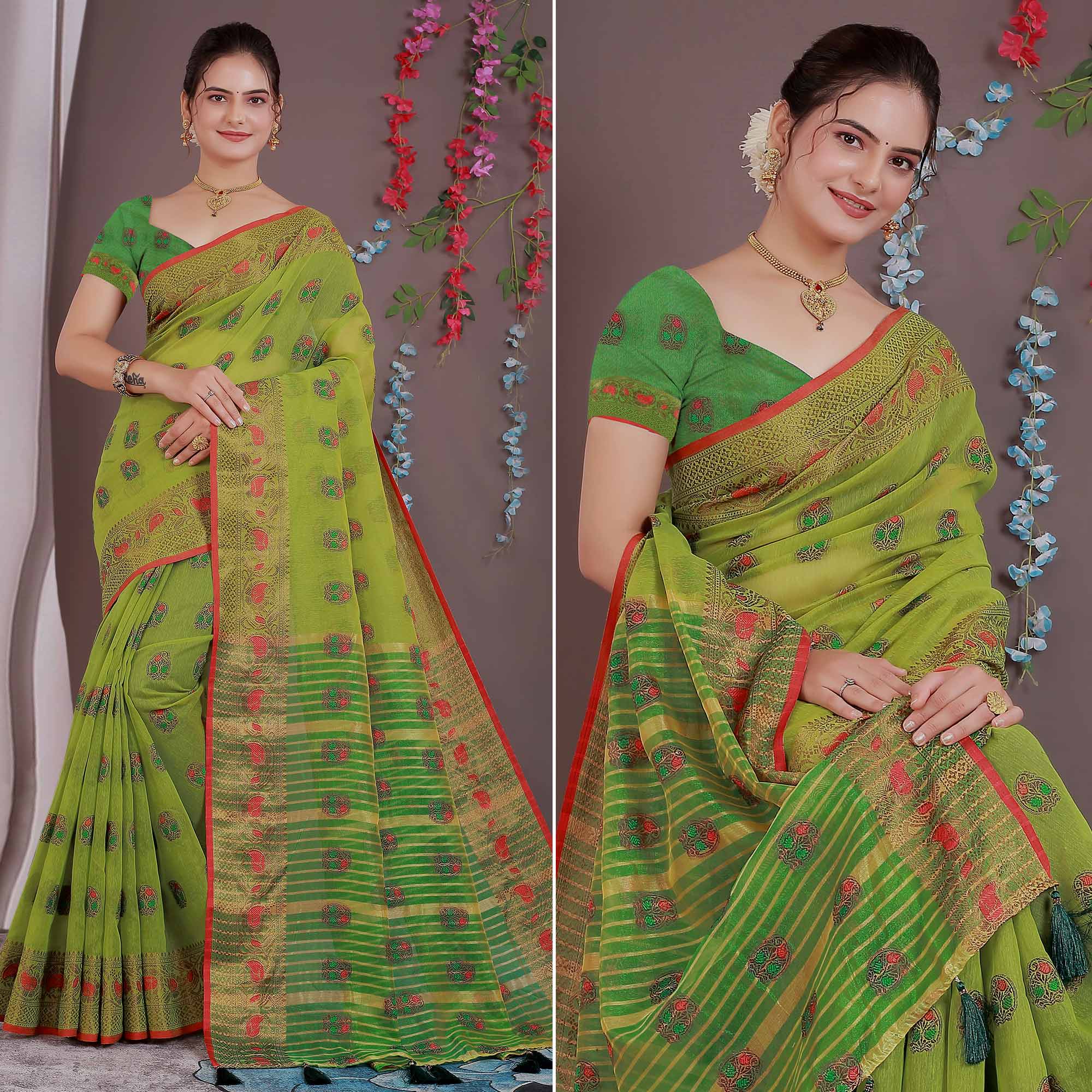 Green Floral Woven Cotton Silk Saree With Tassels