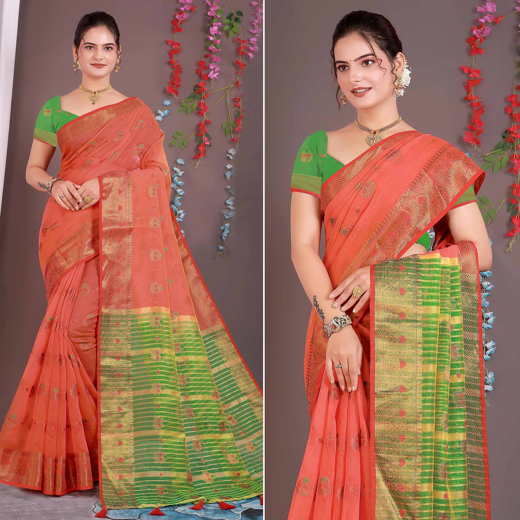 Red Floral Woven Cotton Silk Saree With Tassels