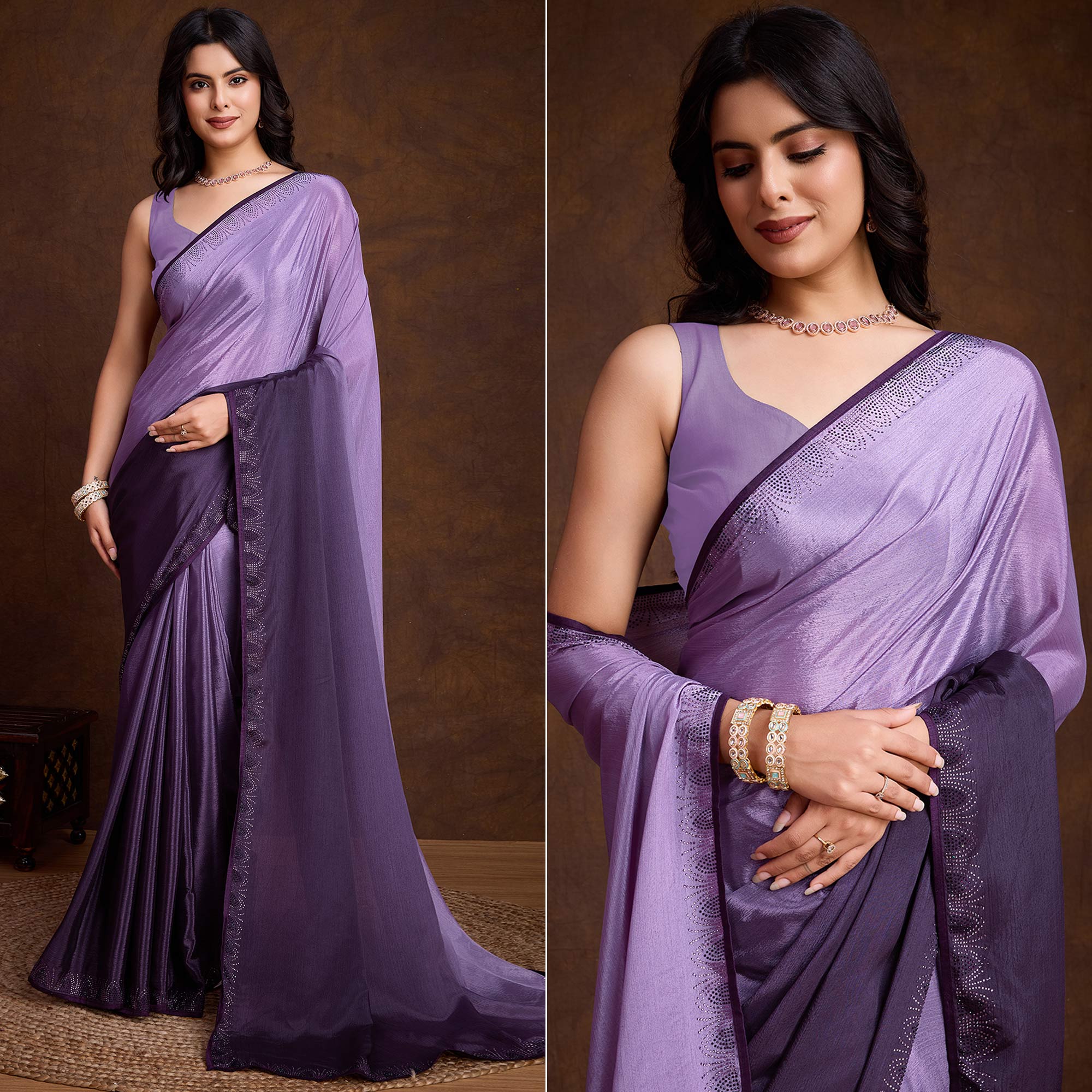 Purple Swarovski Border Work Chinon Ombre Saree