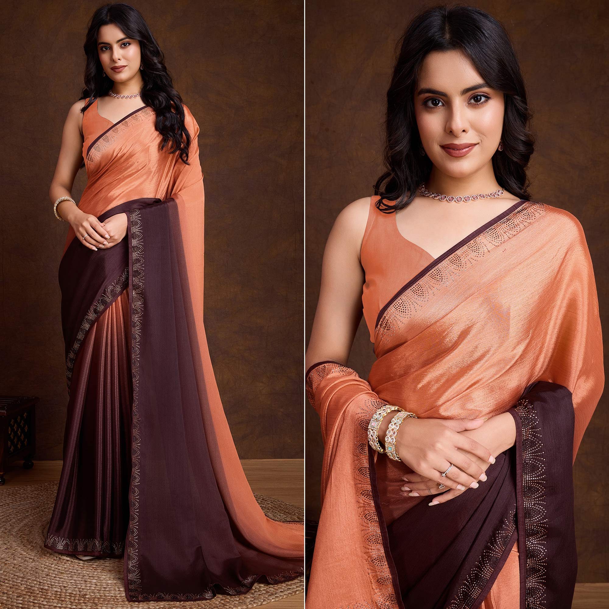 Peach & Brown Swarovski Border Work Chinon Ombre Saree