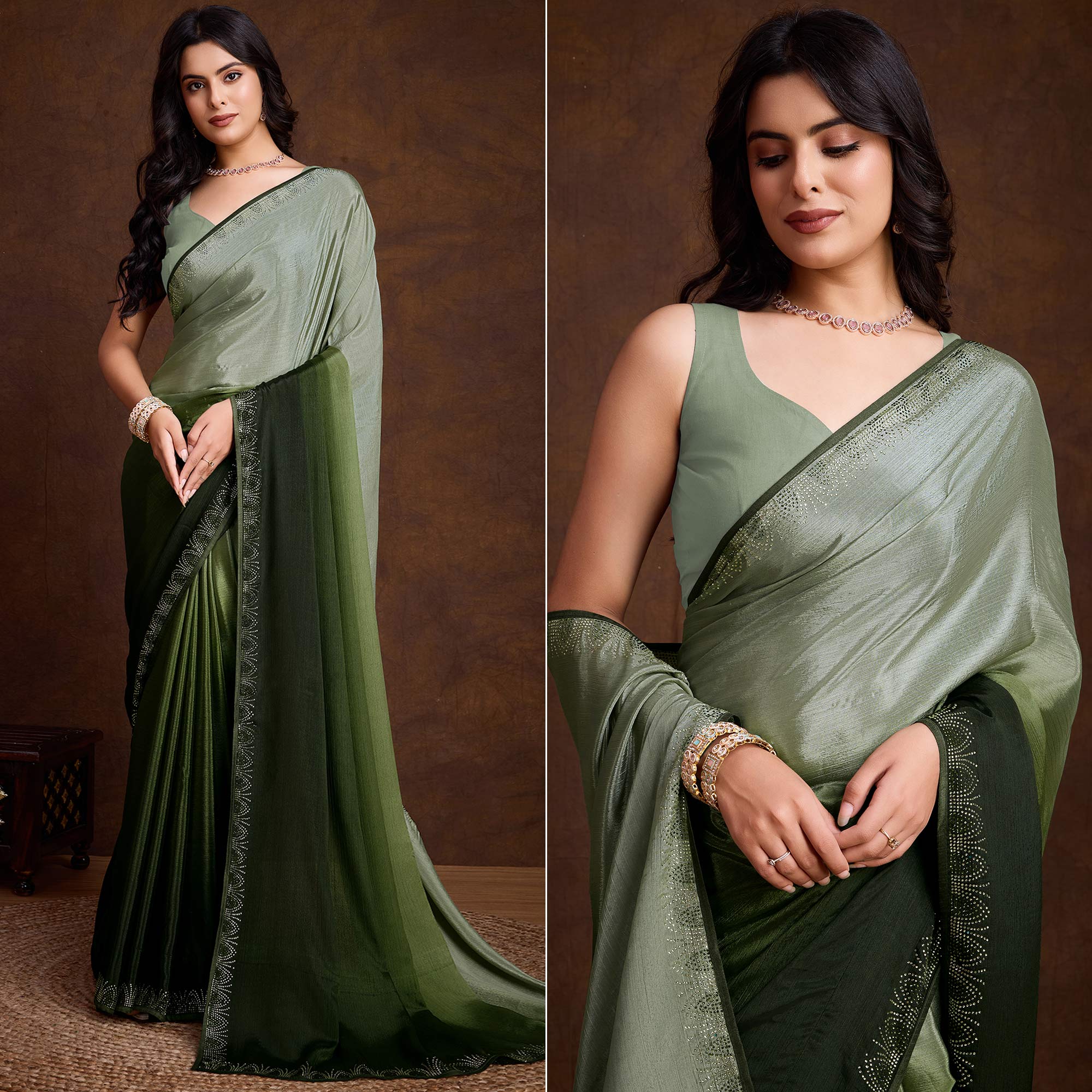 Green Swarovski Border Work Chinon Ombre Saree