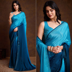 Blue Swarovski Border Work Chinon Ombre Saree
