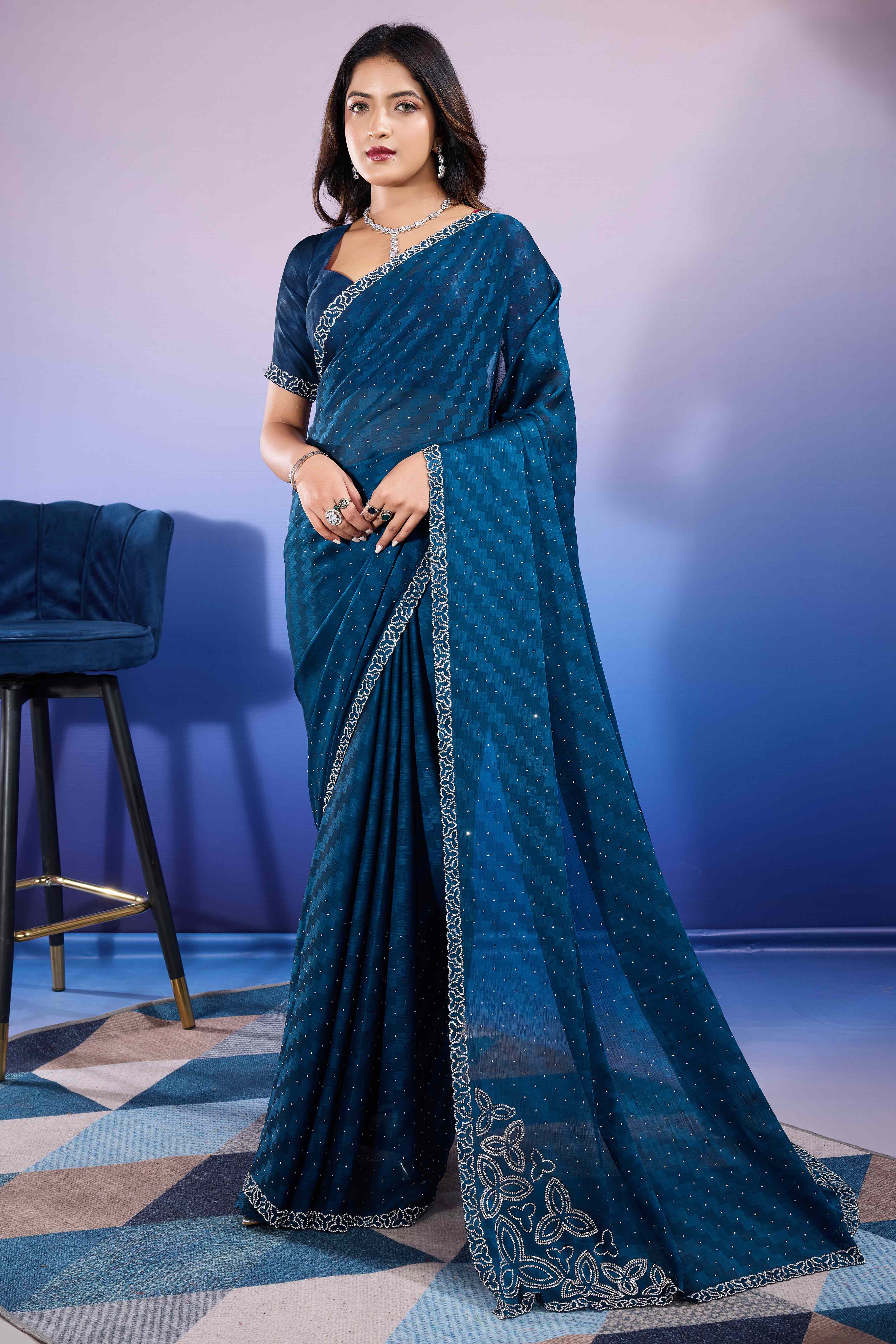 Morpich Diamond Zarkan Handwork Satin Chiffon Saree