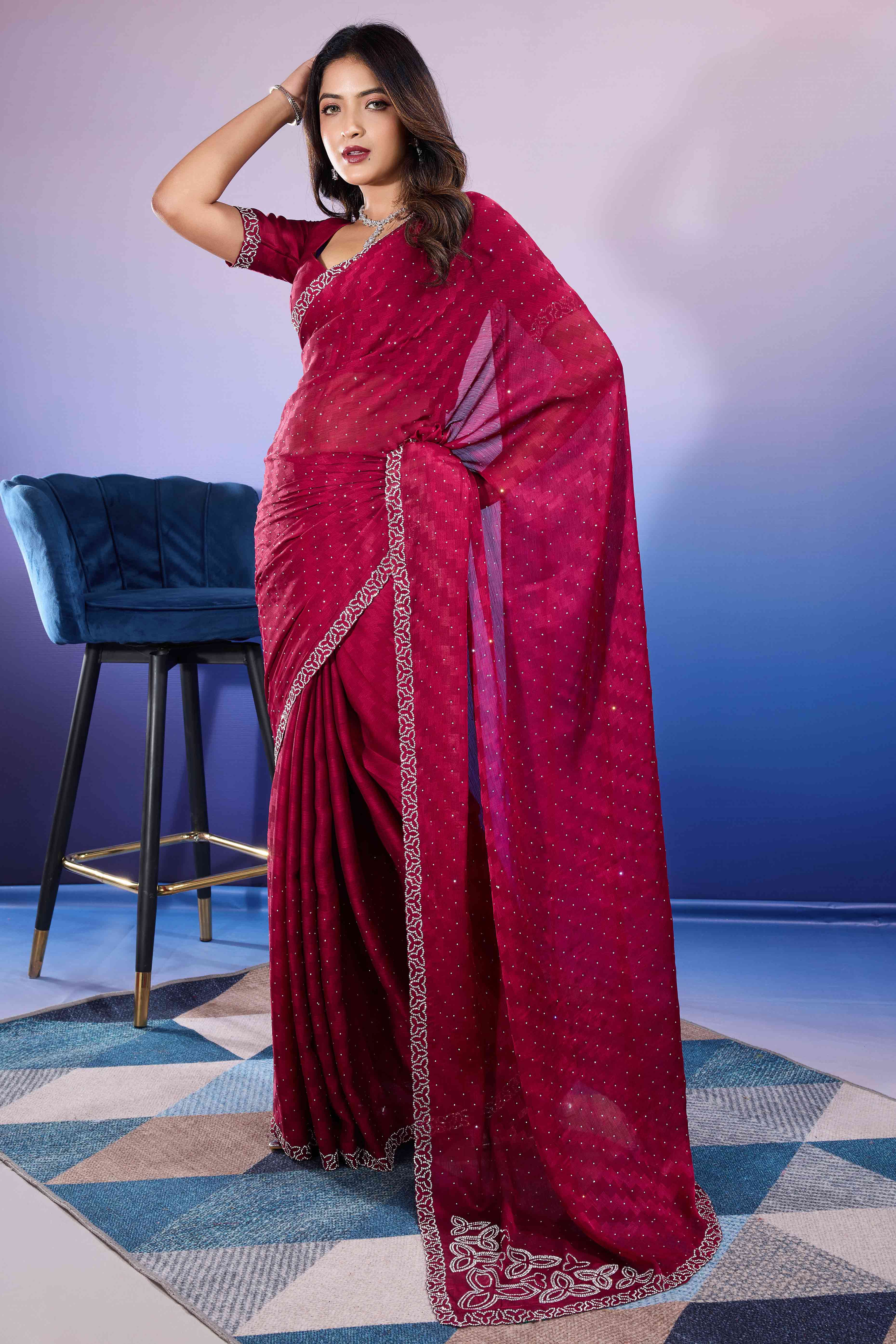 Cherry Red Diamond Zarkan Handwork Satin Chiffon Saree