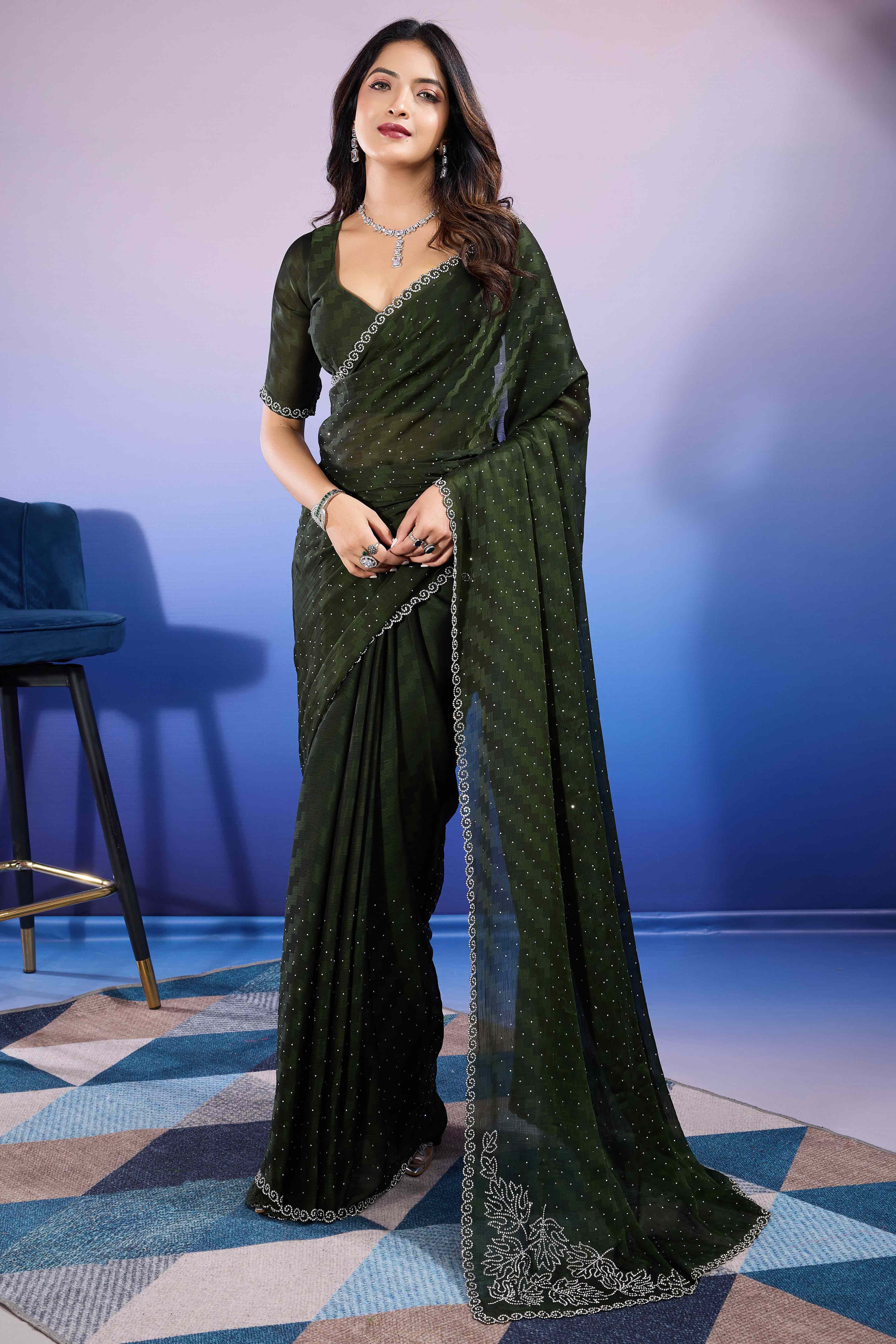 Bottle Green Diamond Zarkan Handwork Satin Chiffon Saree