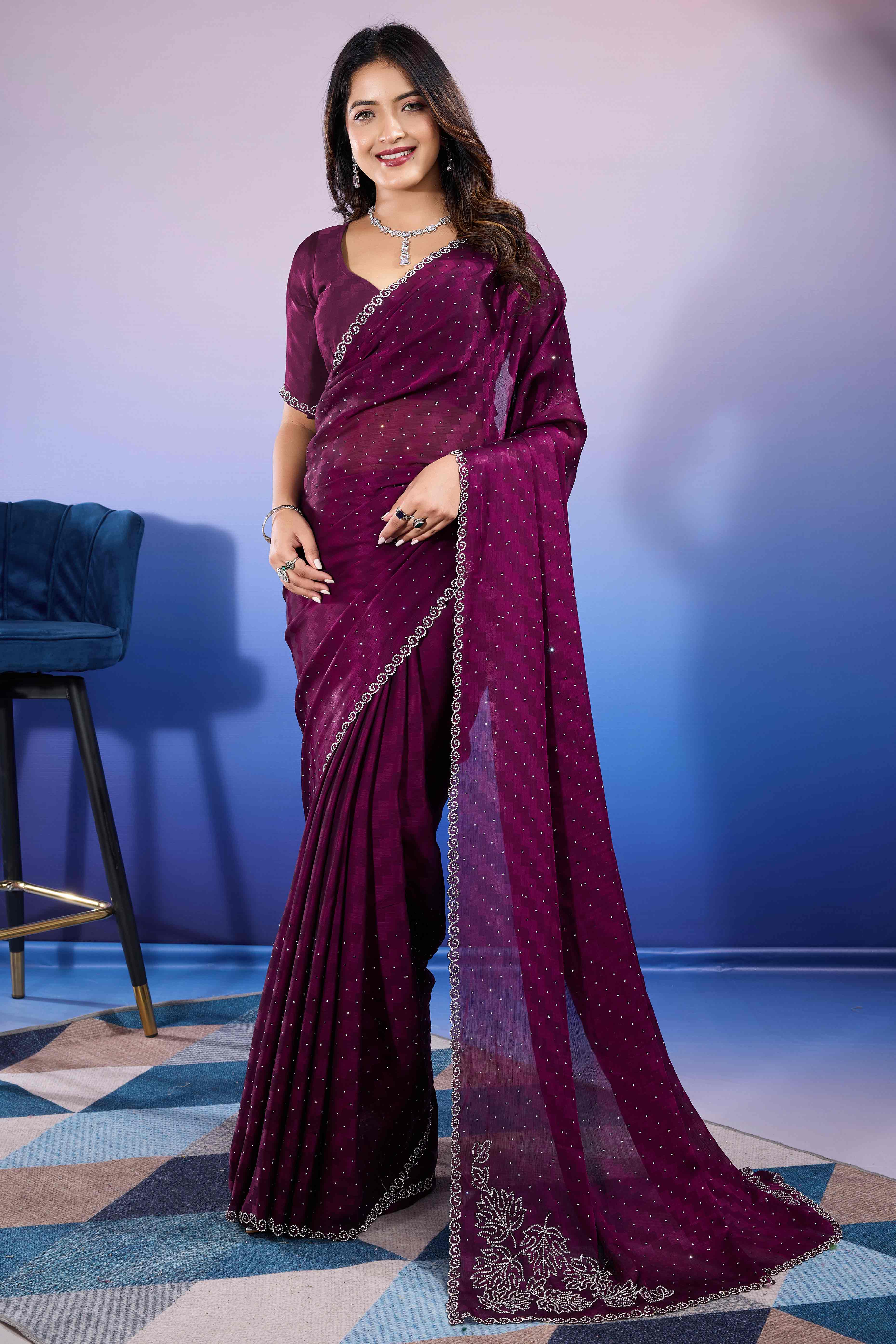 Wine Diamond Zarkan Handwork Satin Chiffon Saree