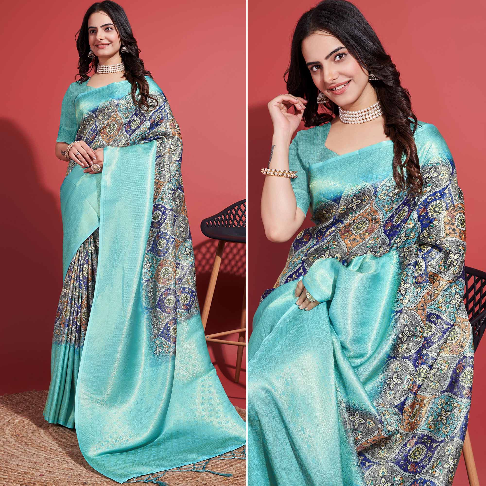 Aqua Floral Digital Printed With Woven Border Banarasi Silk Saree