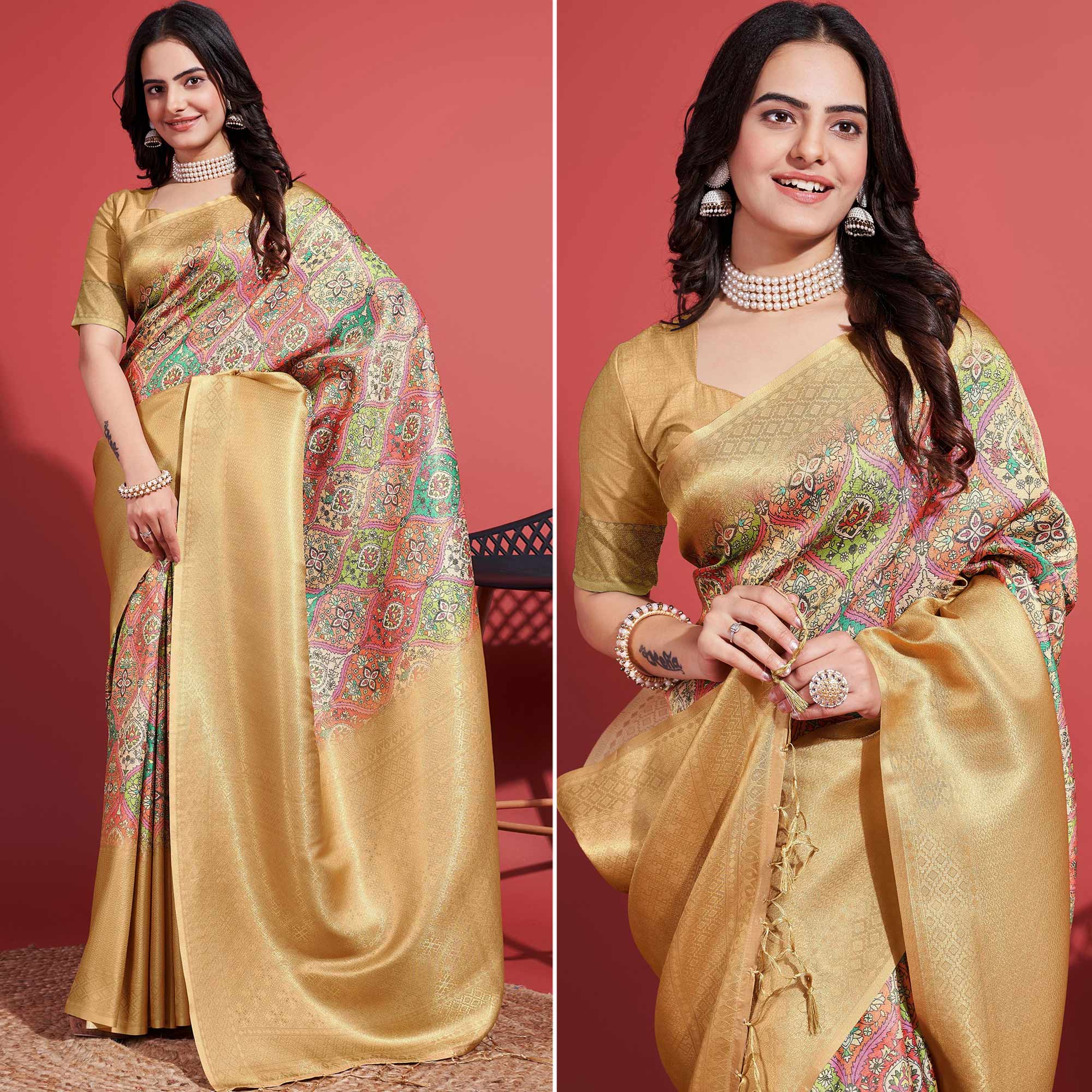 Gold Floral Digital Printed With Woven Border Banarasi Silk Saree