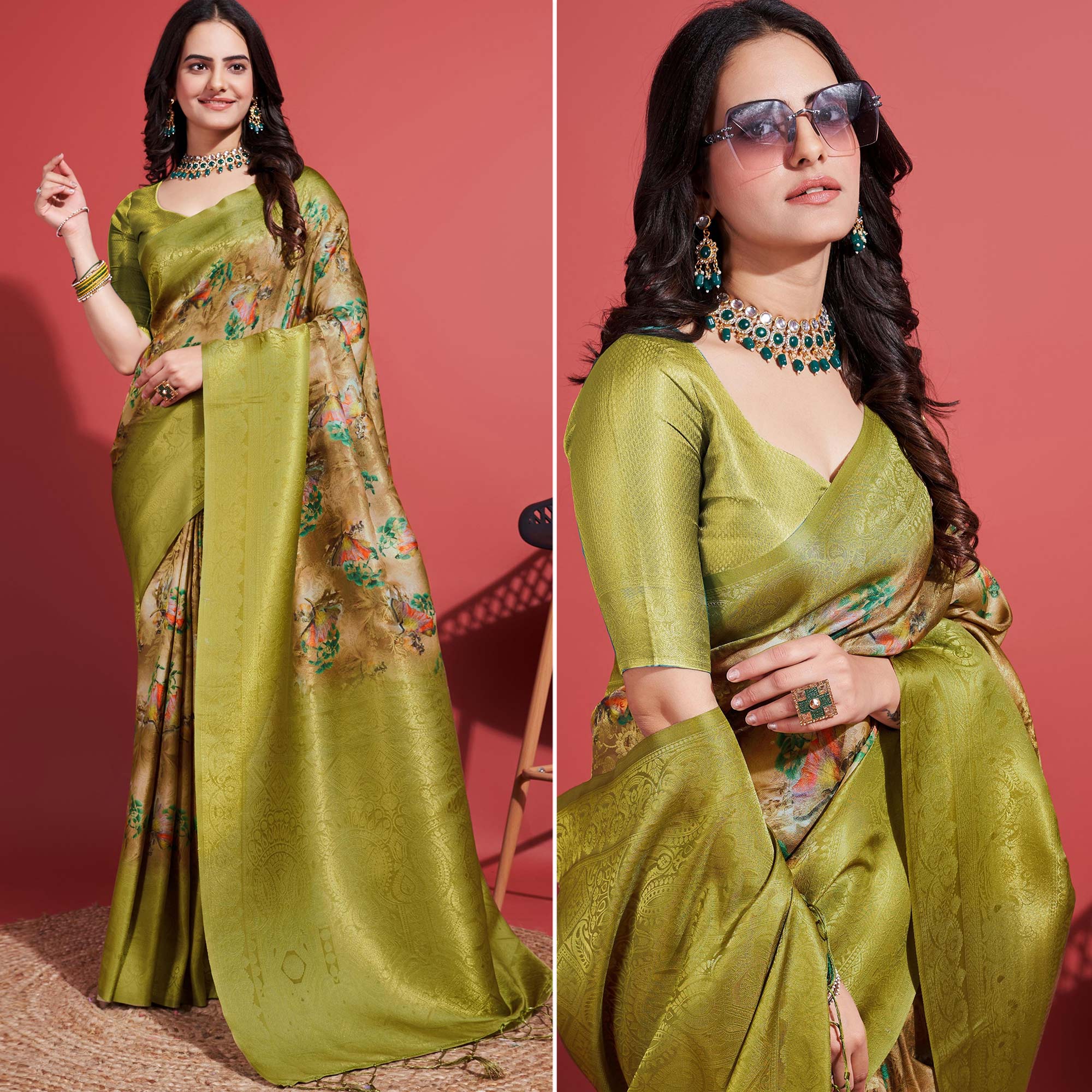 Green Floral Digital Printed With Woven Border Banarasi Silk Saree