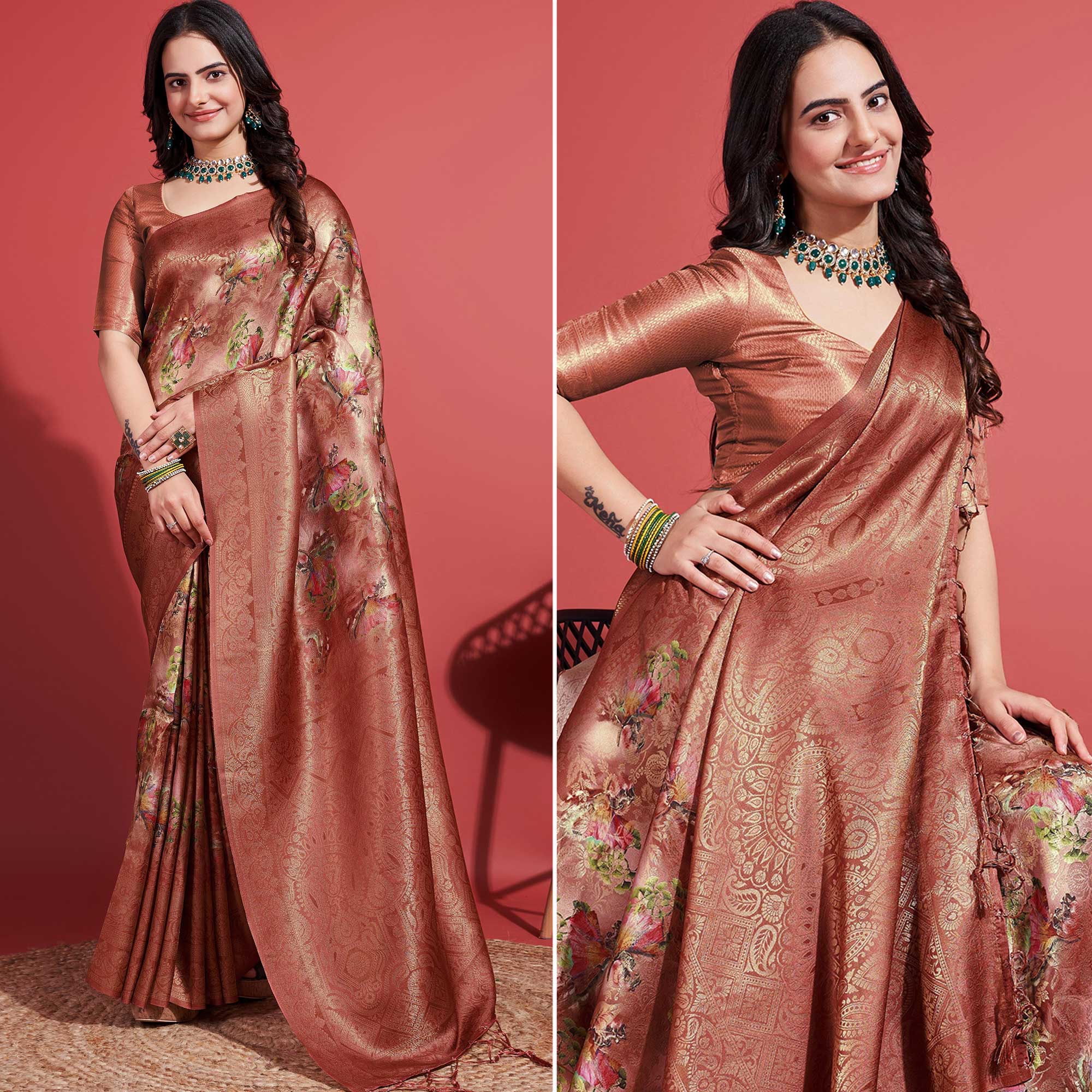 Brown Floral Digital Printed With Woven Border Banarasi Silk Saree