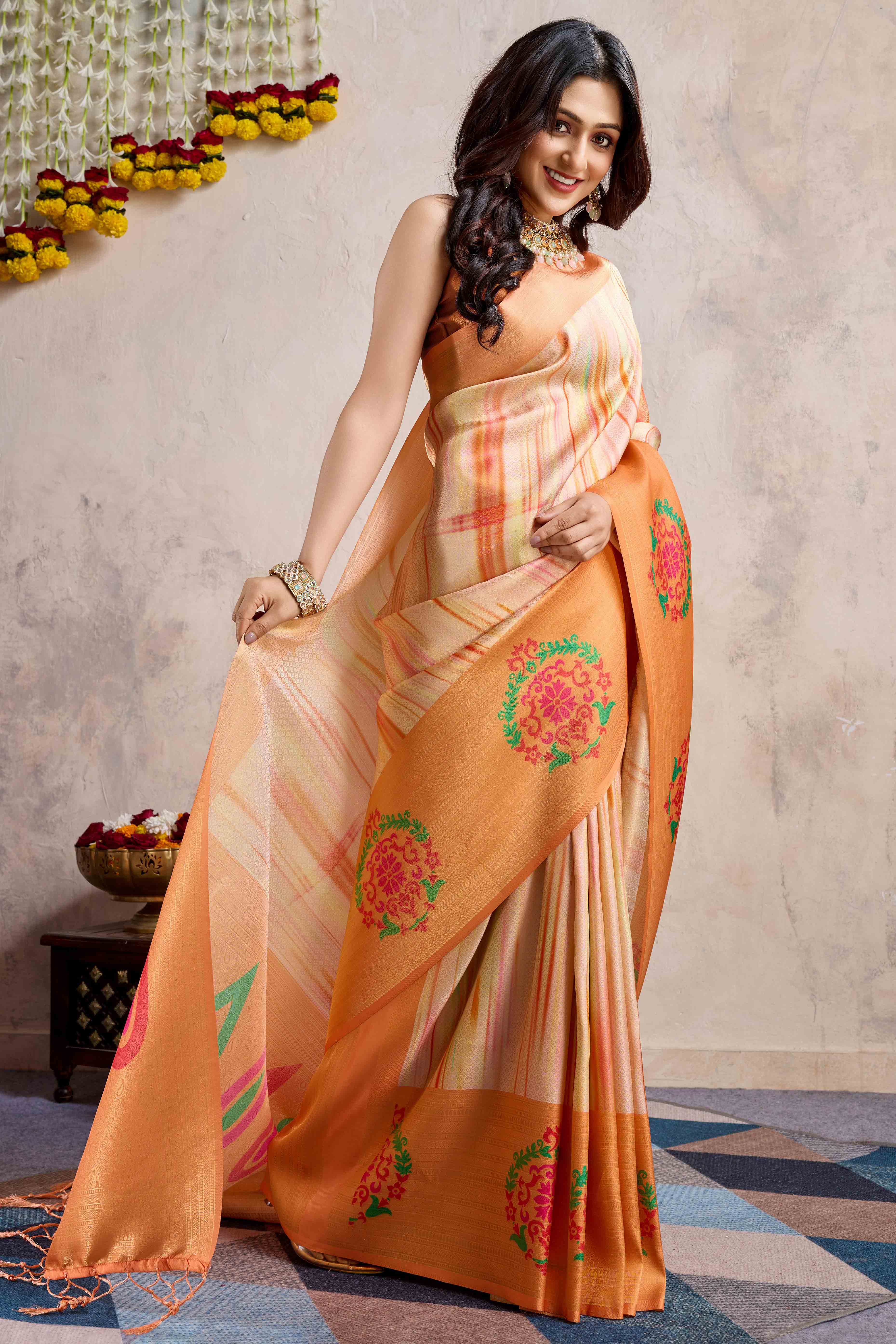 Orange Kanoko Print Weaving Soft Banarasi Silk Saree