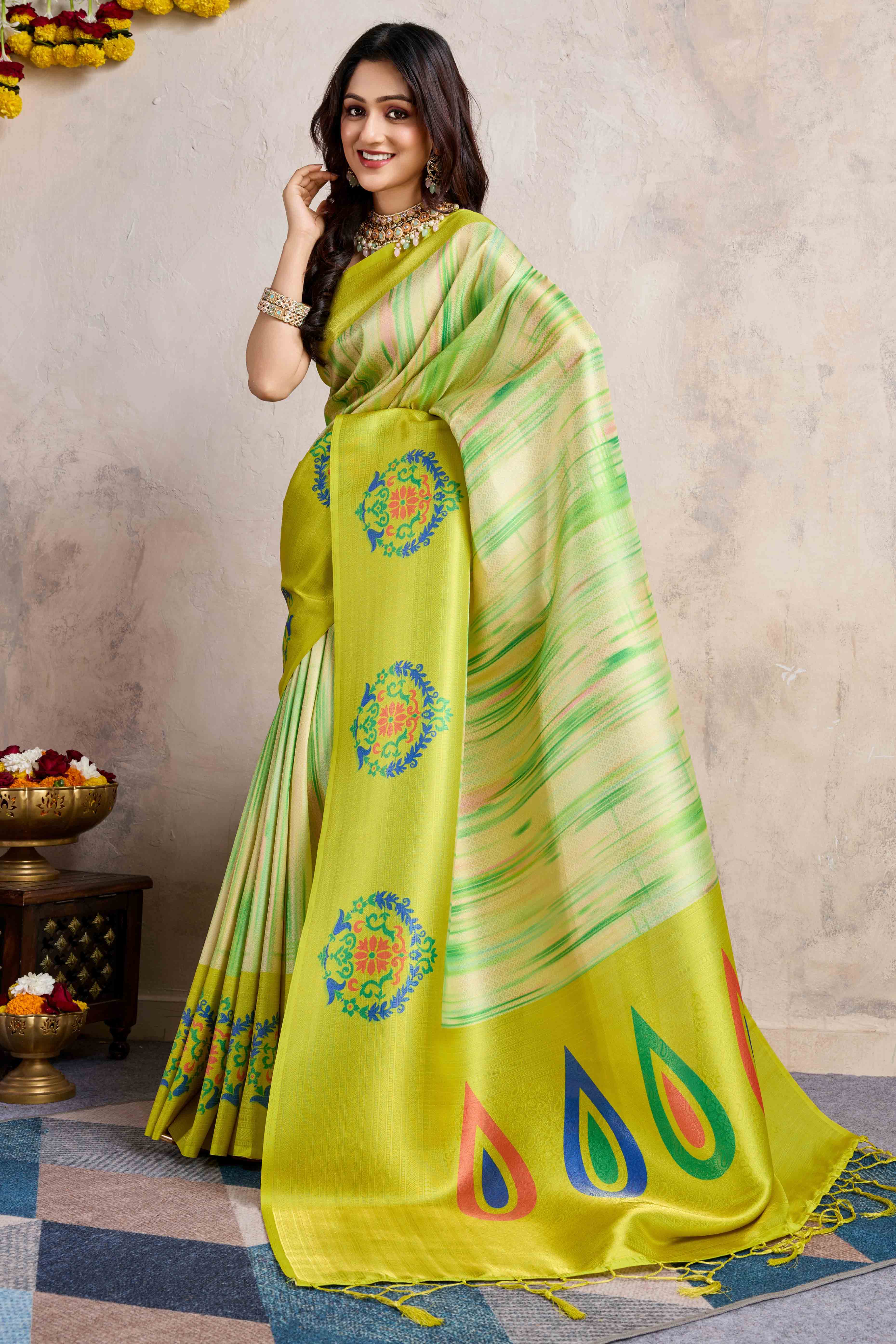 Green Kanoko Print Weaving Soft Banarasi Silk Saree