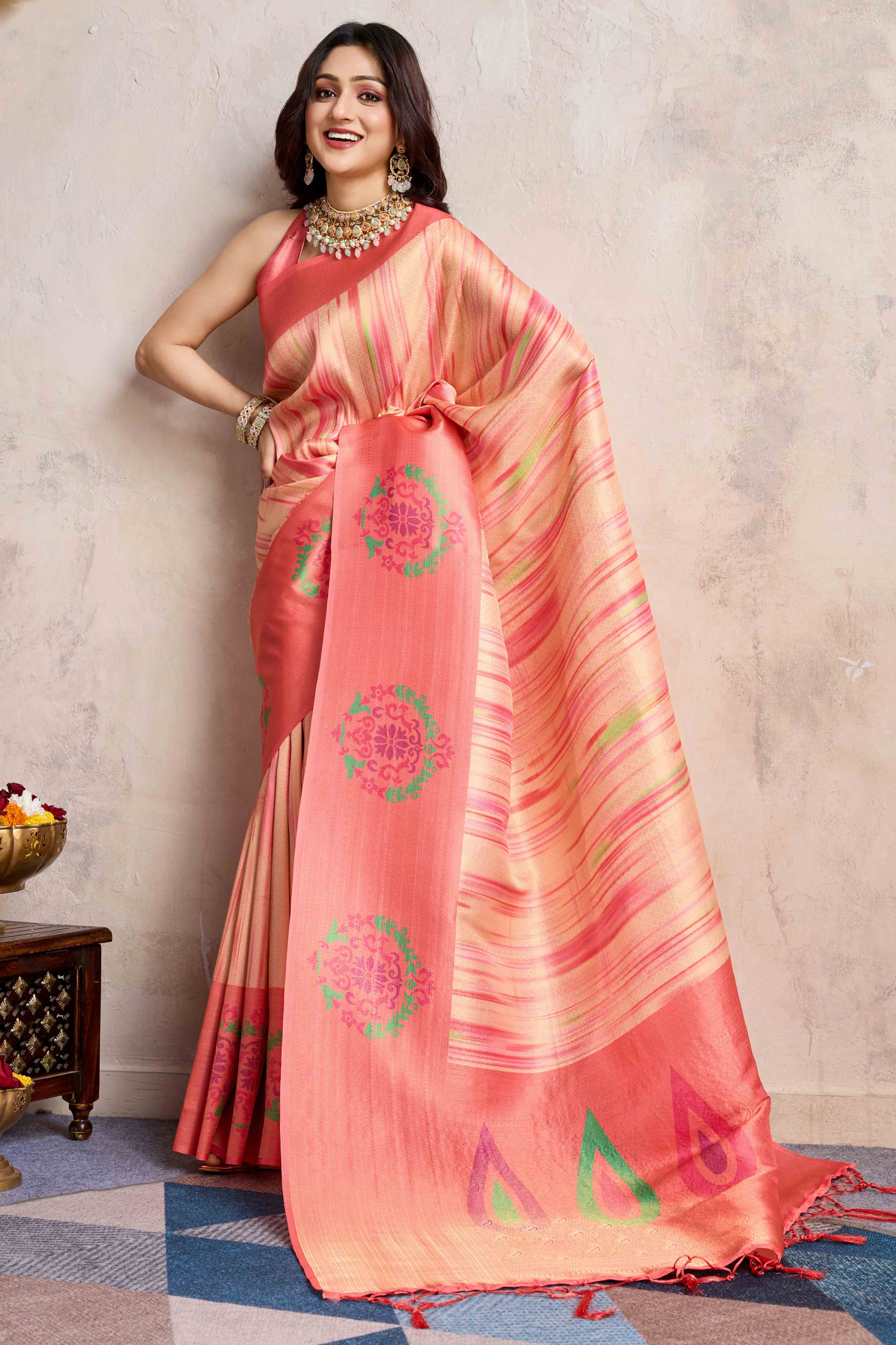 Peach Kanoko Print Weaving Soft Banarasi Silk Saree