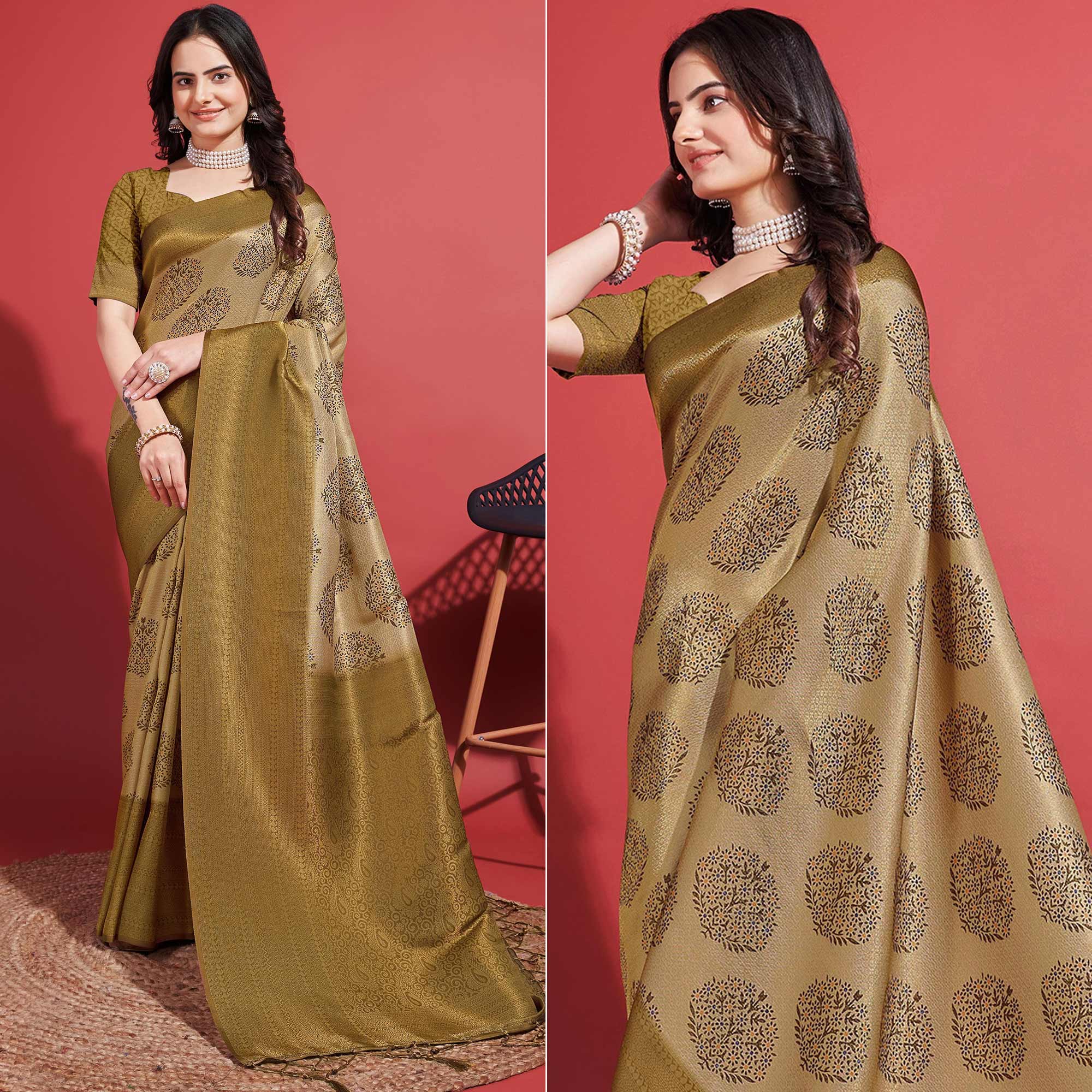 Dark Mustard Floral Digital Printed With Woven Banarasi Silk Saree