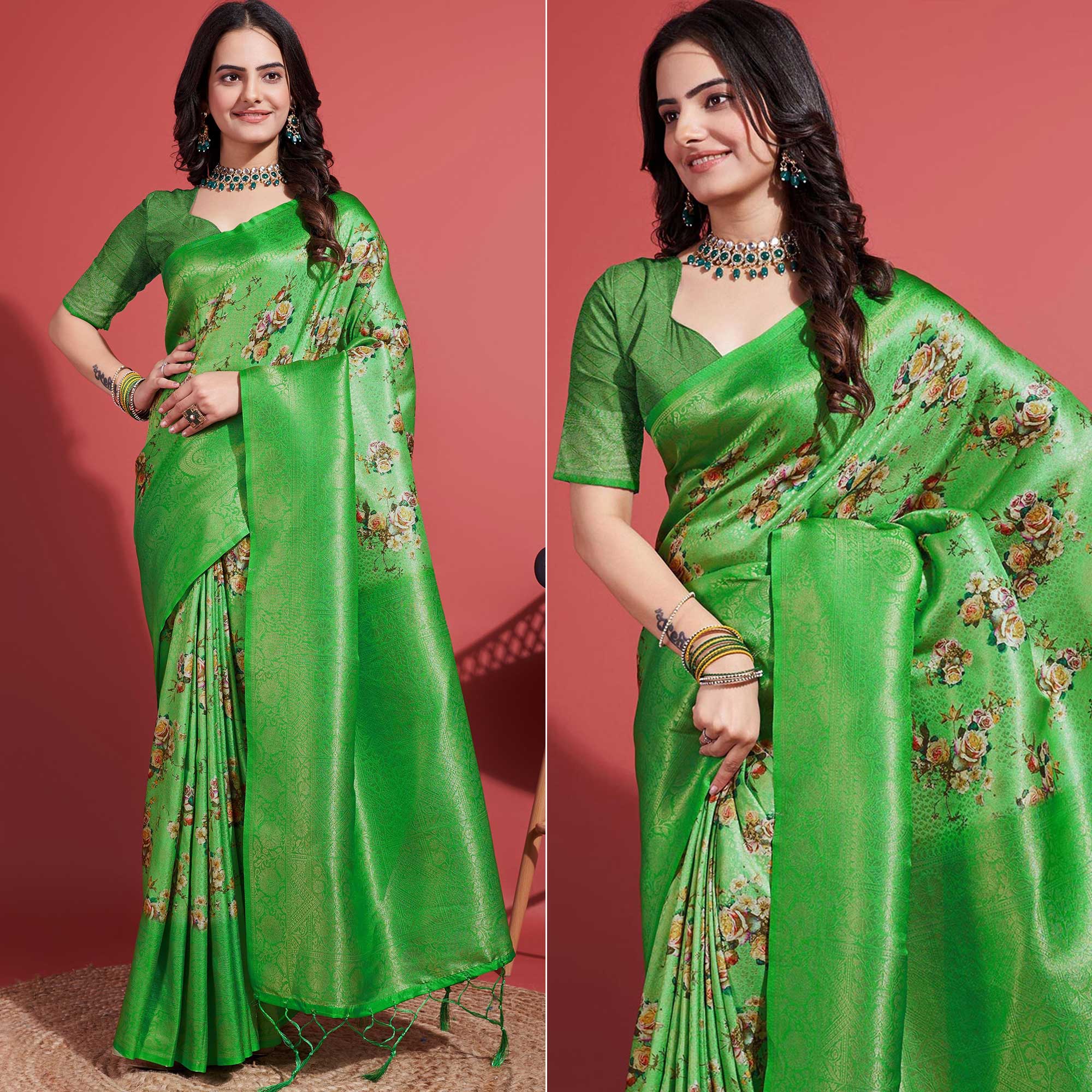 Green Floral Digital Printed With Woven Banarasi Silk Saree