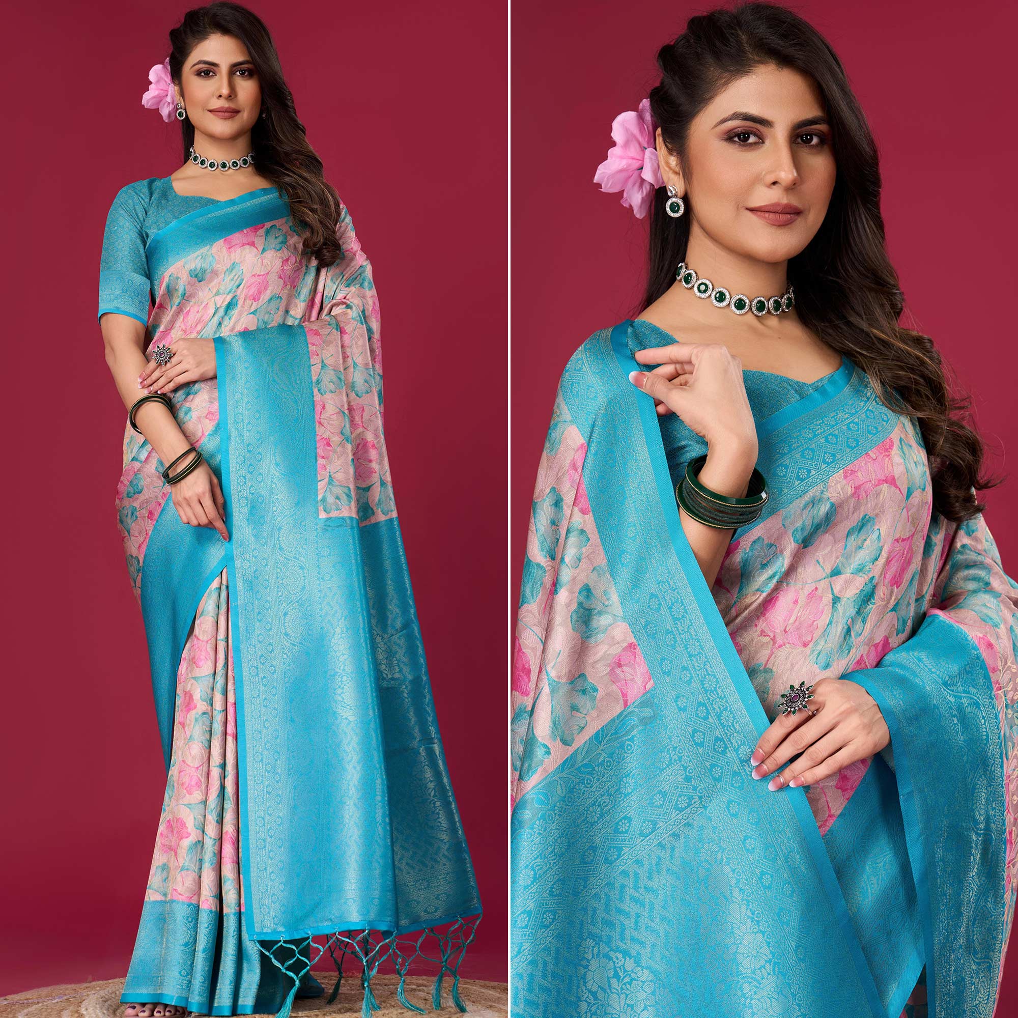 Turquoise Floral Digital Printed With Woven Pure Silk Saree