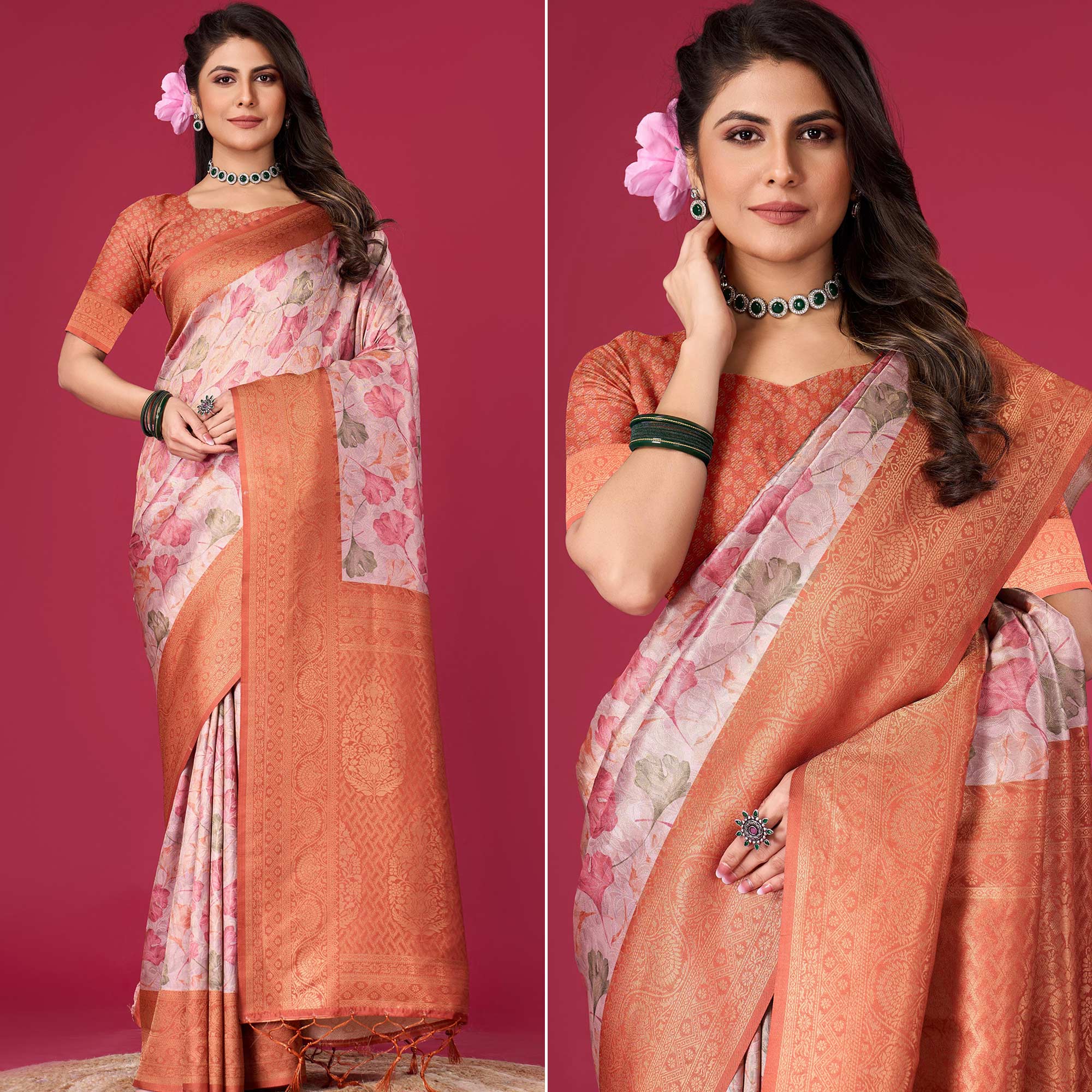 Rust Floral Digital Printed With Woven Pure Silk Saree