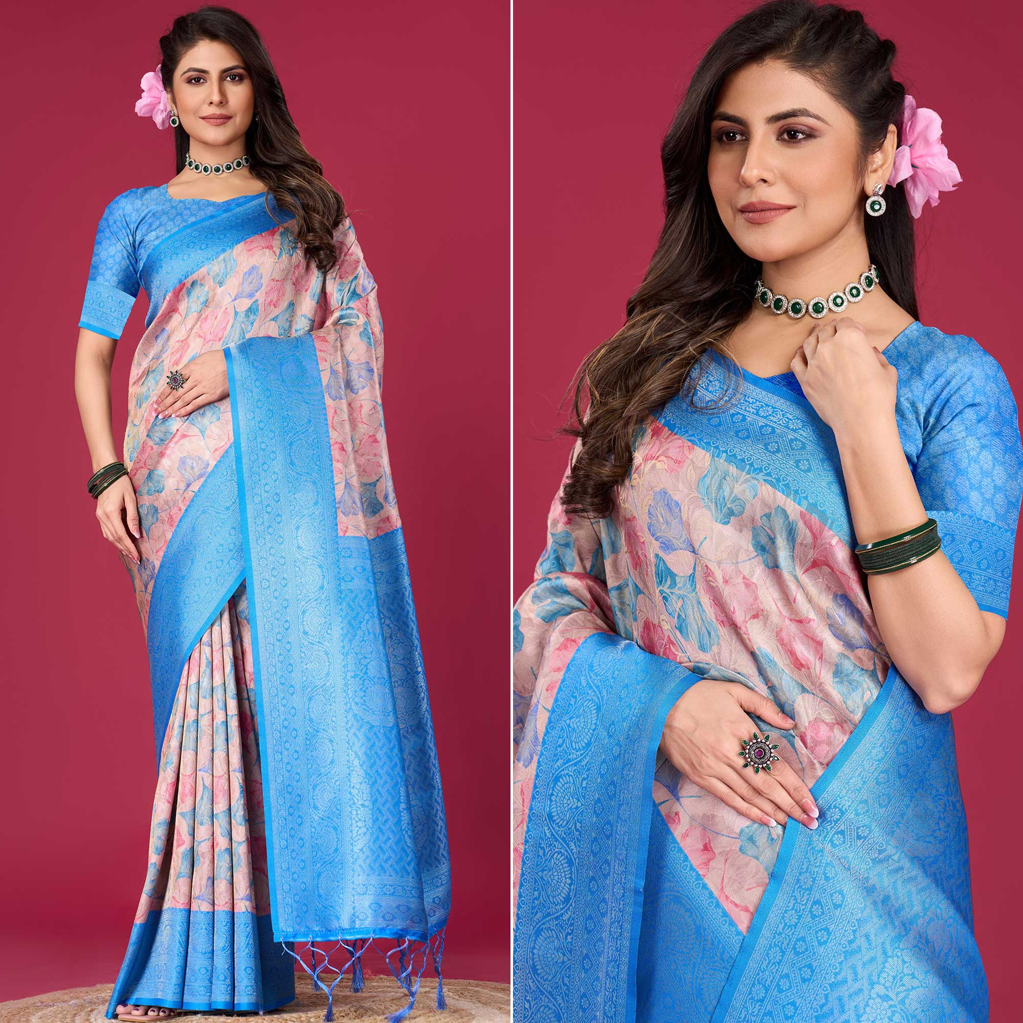Blue Floral Digital Printed With Woven Pure Silk Saree